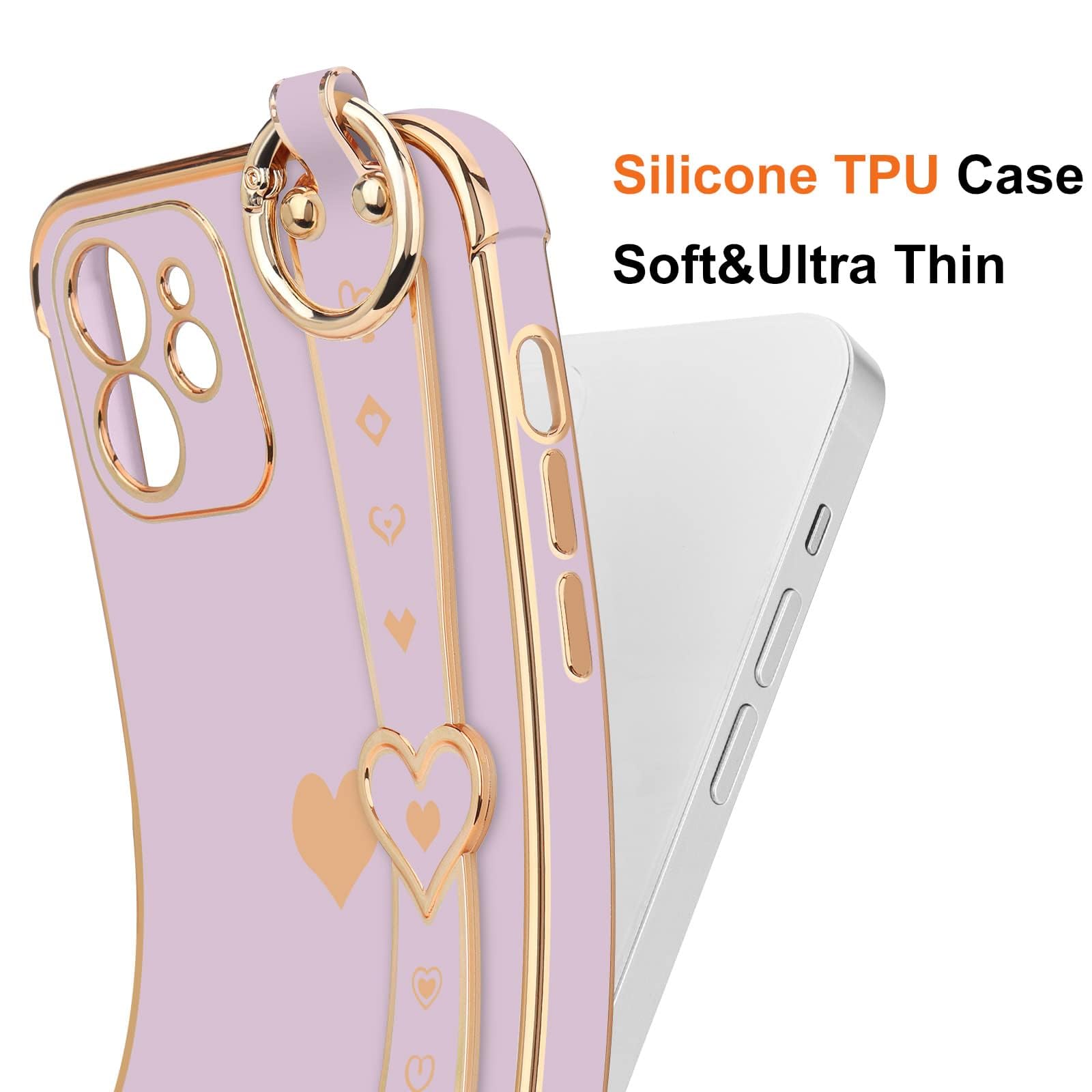 Llz.Coque For Iphone 12 Case Cute Love Heart Plating Wristband Phone Cover For Women Girls Bling Soft Silicone Camera Lens Prote