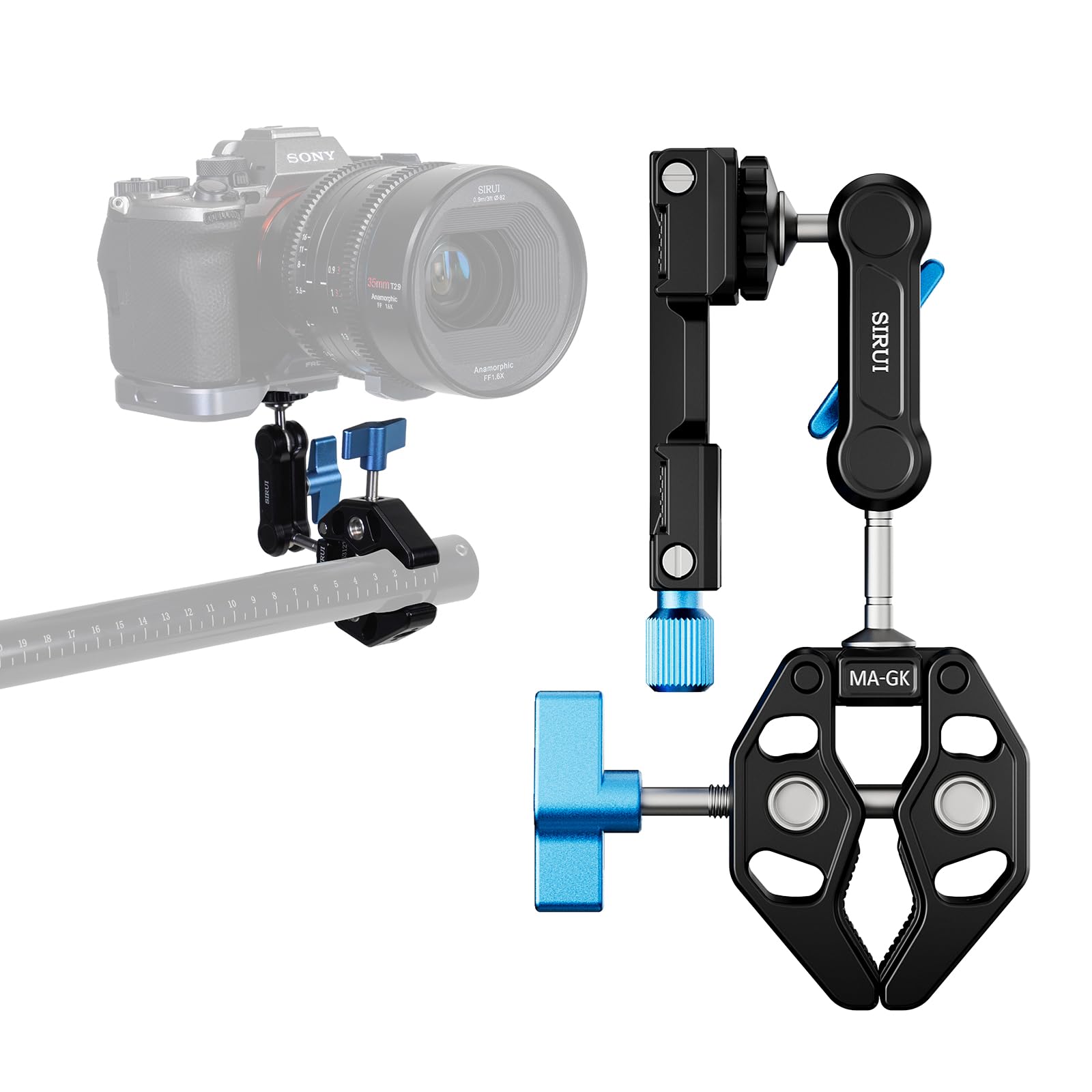 Sirui Articulating Camera Mount Clamp With Phone Holder, Magic Arm Super Clamp With 1/4' 20 Thread And 3/8' 16 Locating Hole For Arri, Ball Head Mount For Camera Monitor And Bicycle, Ma Gk, Black