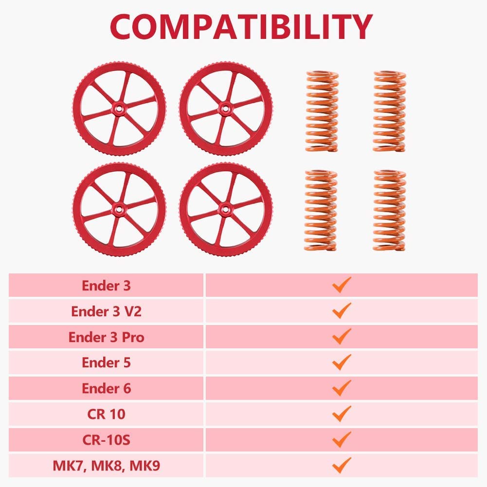 Official Creality Metal Leveling Nuts With 20Mm Die Springs And 0.4Mm Nozzles, Red Hand Twist Nuts Set For Ender 3/3 Pro/3 V2/3