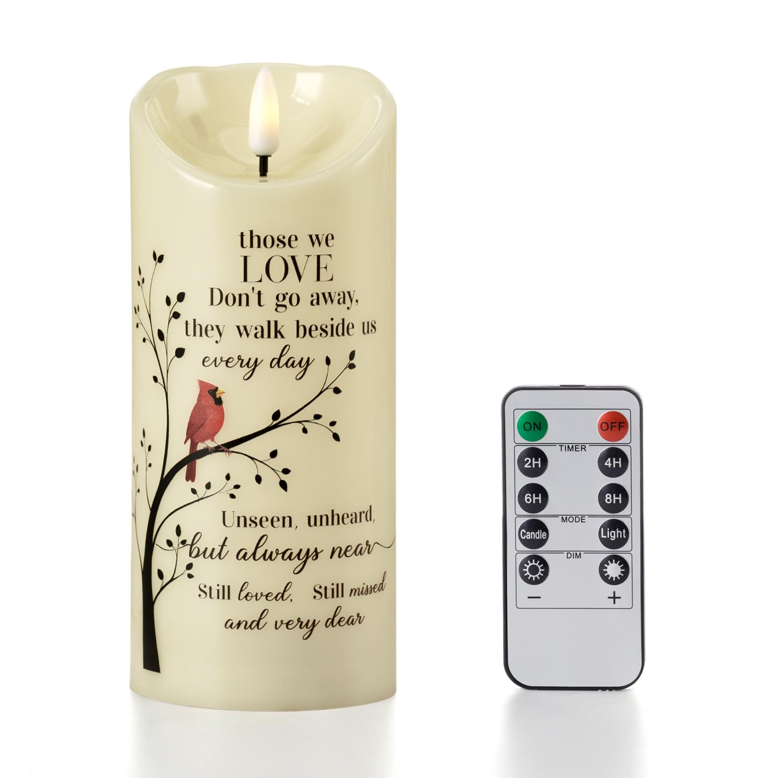 MULCHUM Memorial Flameless LED Pillar Candle with Remote Timer Sympathy Gift for Loss of Loved One Battery Operated Cardinal Tre