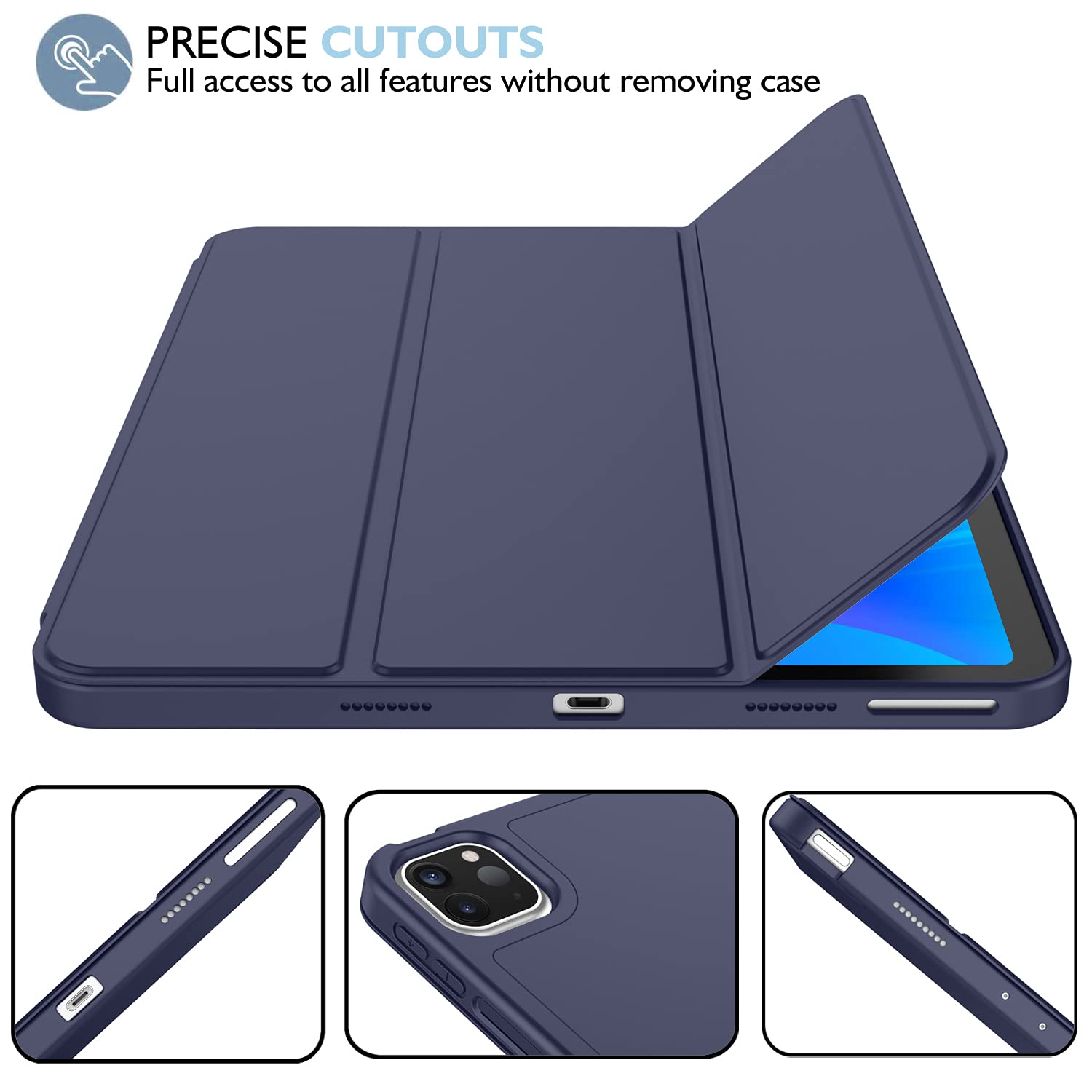Imieet New Ipad Pro 11 Inch Case 2022(4Th Gen)/ 2021(3Rd Gen) With Pencil Holder [Support Ipad 2Nd Pencil Charging/Pair],Trifold Stand Smart Case With Soft Tpu Back,Auto Wake/Sleep(Dark Blue)