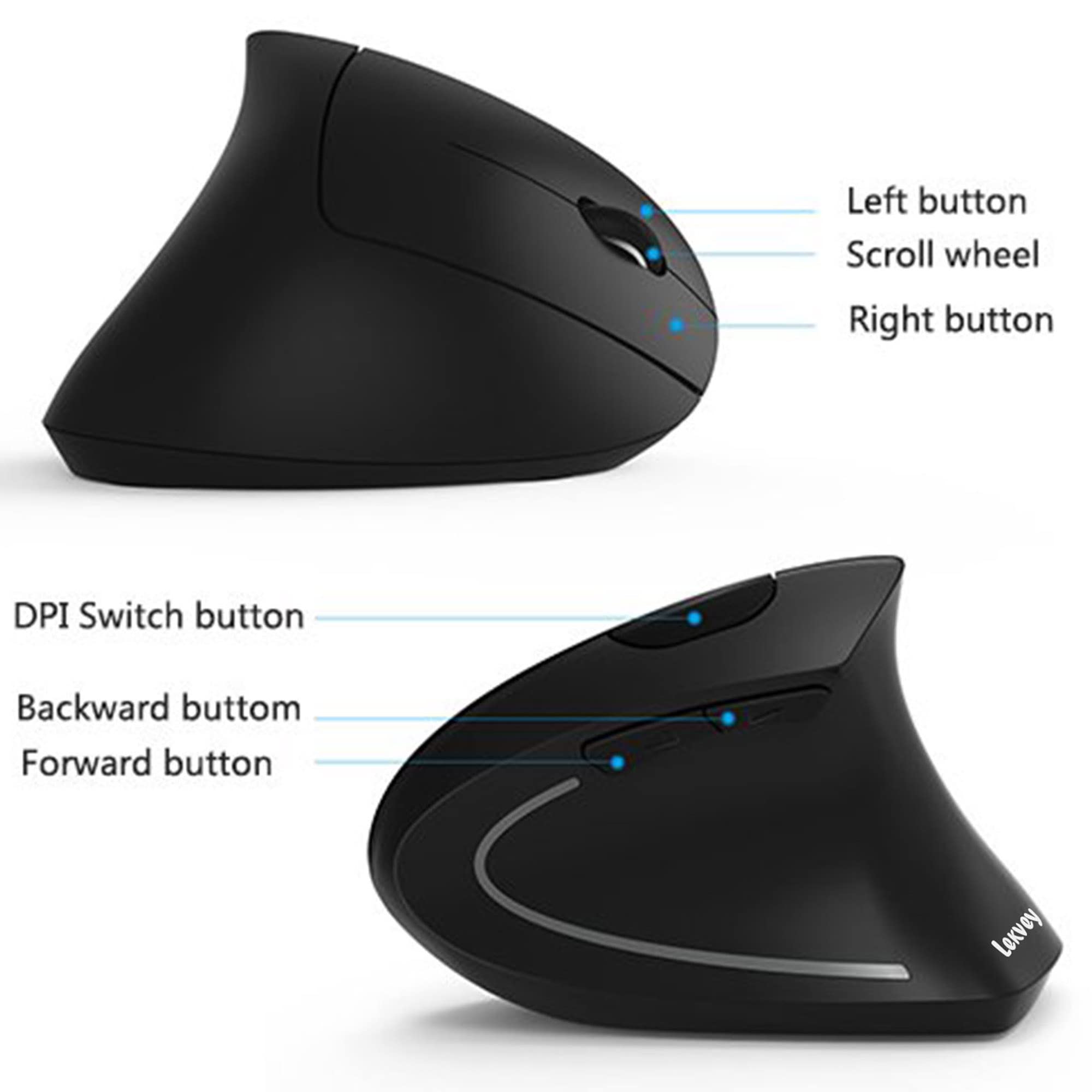 Lekvey Ergonomic Mouse, Vertical Wireless Mouse Rechargeable 2.4Ghz Optical Vertical Mice : 3 Adjustable Dpi 800/1200/1600 Level