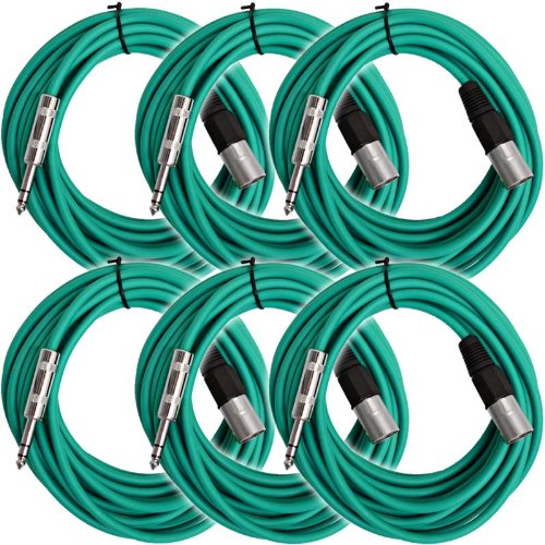 Seismic Audio - SATRXL-M25Green-6Pack - 6 Pack of 25 Ft XLR Male to 1/4 TRS Patch Cable Snake Cords Balanced - Green