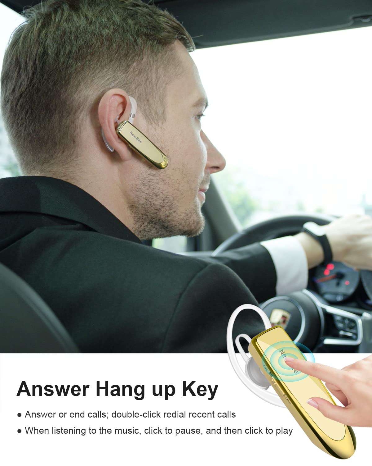 New Bee Bluetooth Earpiece V5.0 Wireless Handsfree Headset 24 Hrs Driving Headset 60 Days Standby Time With Noise Cancelling Mic