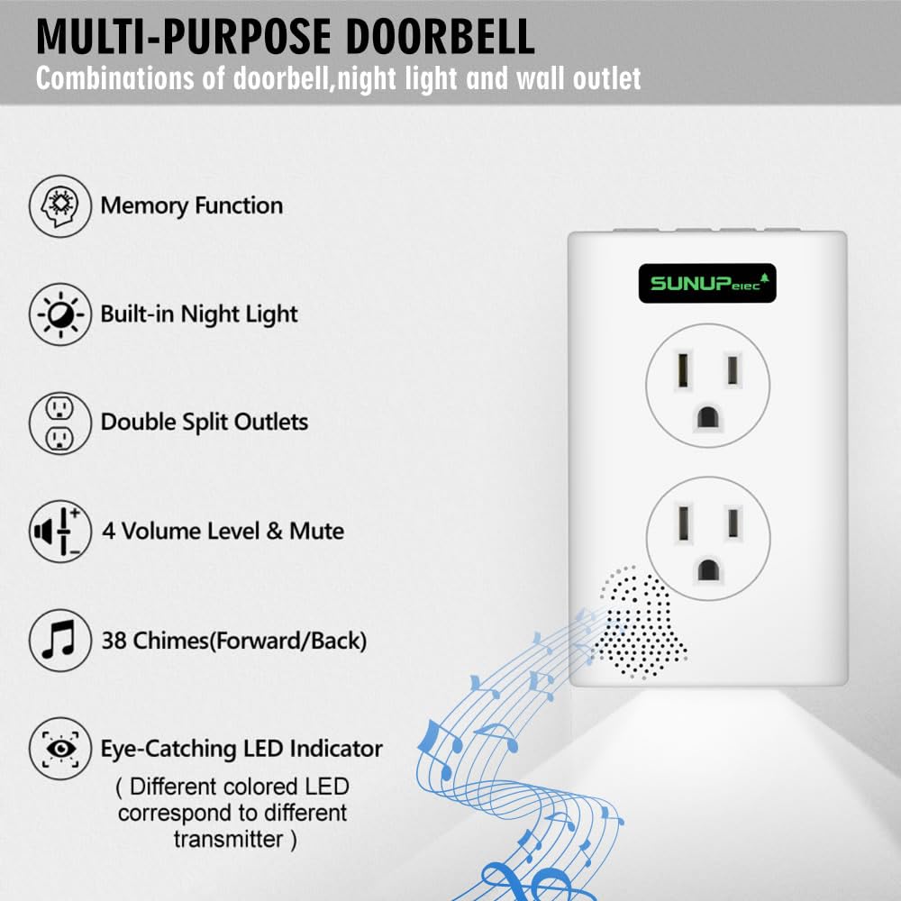 Wireless Doorbell,Door Bell Kit With Extra Outlets & Nightlight,1400Ft Range,Doorbell Signal Extender,Ip65 Waterproof,Do Not Dis
