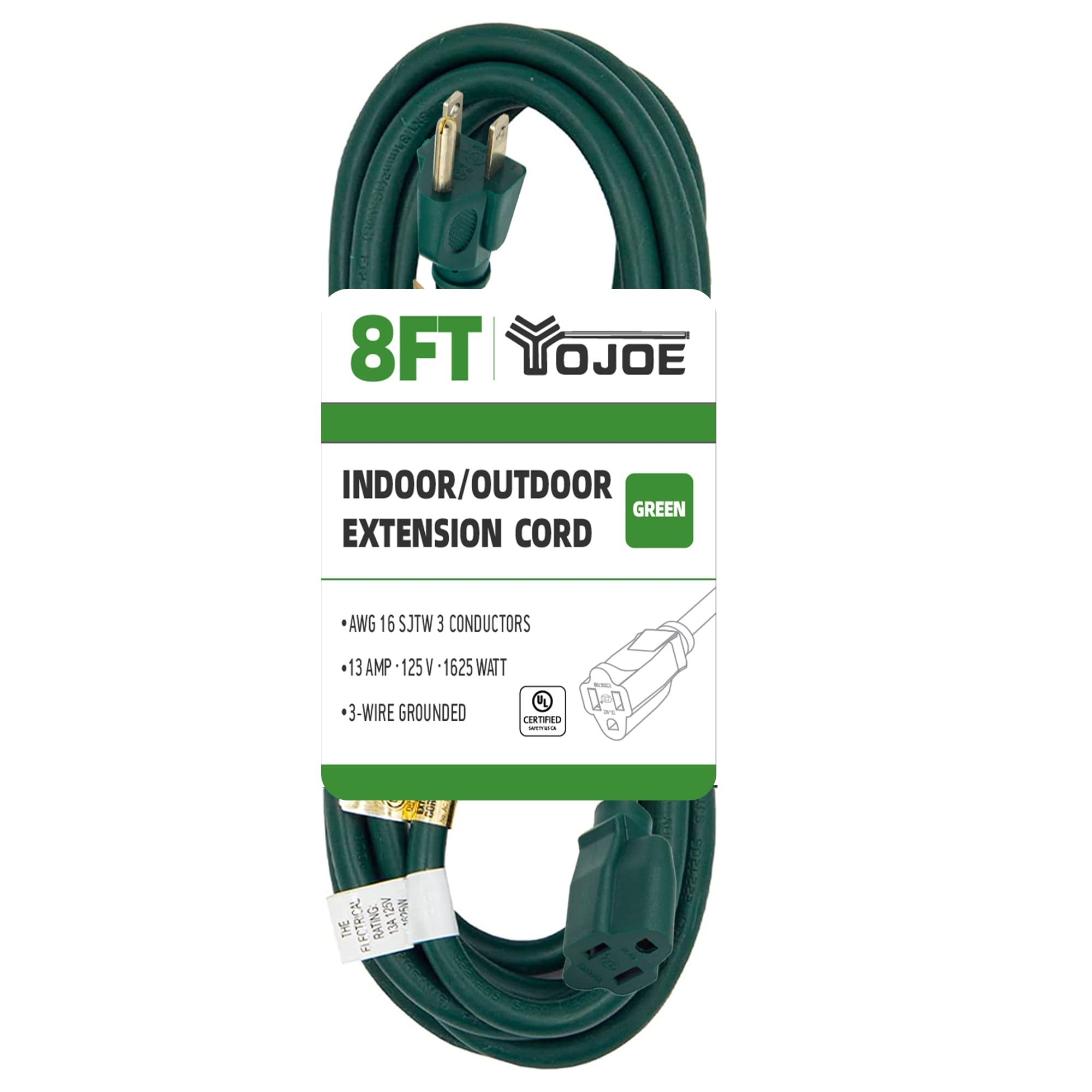 Yojoe Indoor Outdoor Extension Cord, 3 Prong 13A Weatherproof Power Extension Cord, 16 Gauge Heavy Duty 8 Ft Green Extension Cor