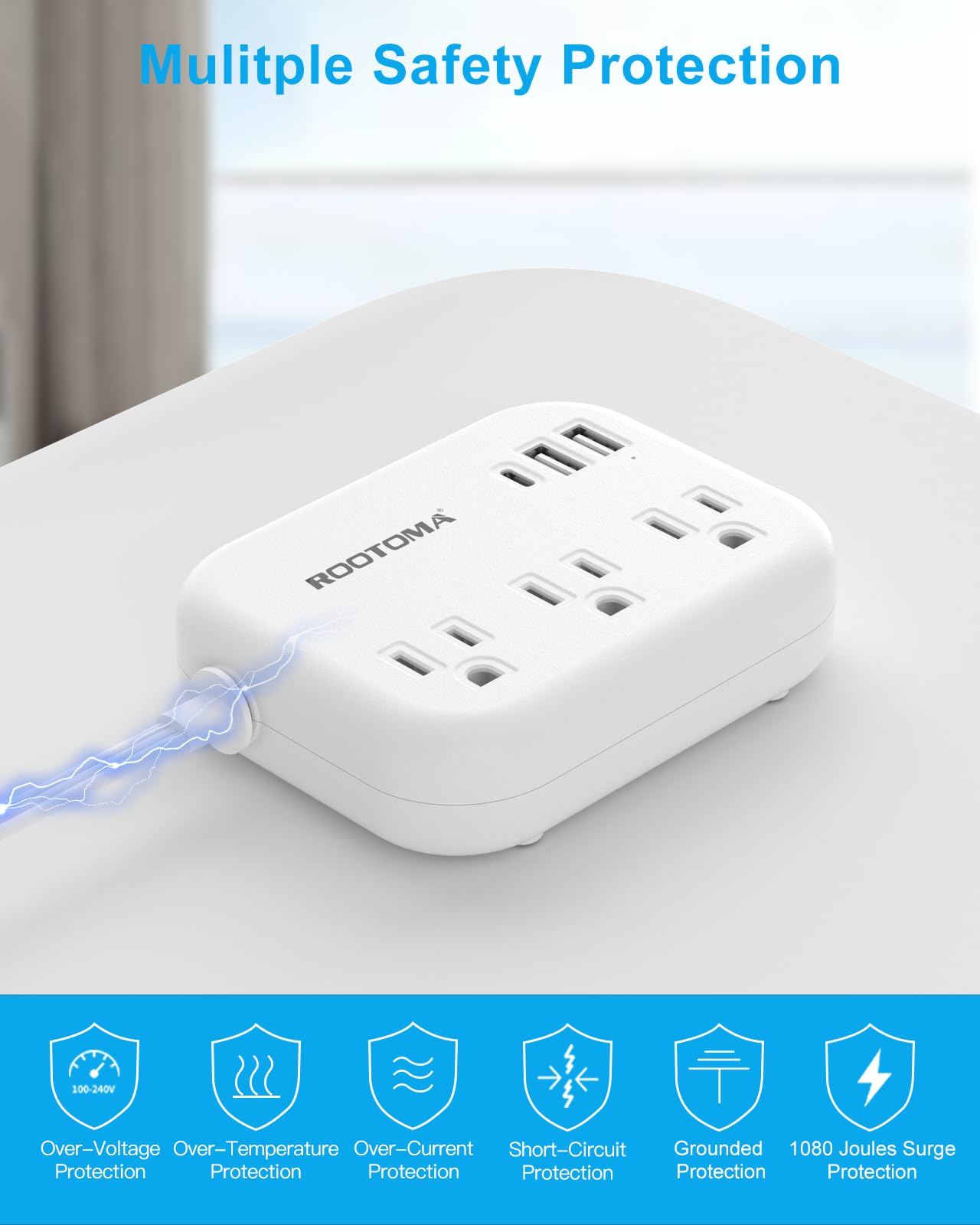 Flat Extension Cord 20 Ft Behind Furniture Ultra Slim Cord Under Carpet, Rug, Door, Long Extension Cord With 3 Usb 3 Outlets, Lo