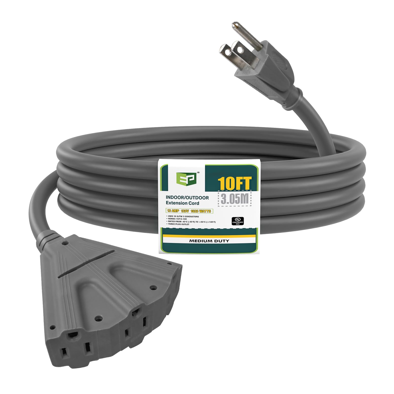 Ep 10 Ft Outdoor Extension Cord With 3 Electrical Power Outlets   16/3 Sjtw Grey Cable With 3 Prong Grounded Plug For Safety Gre