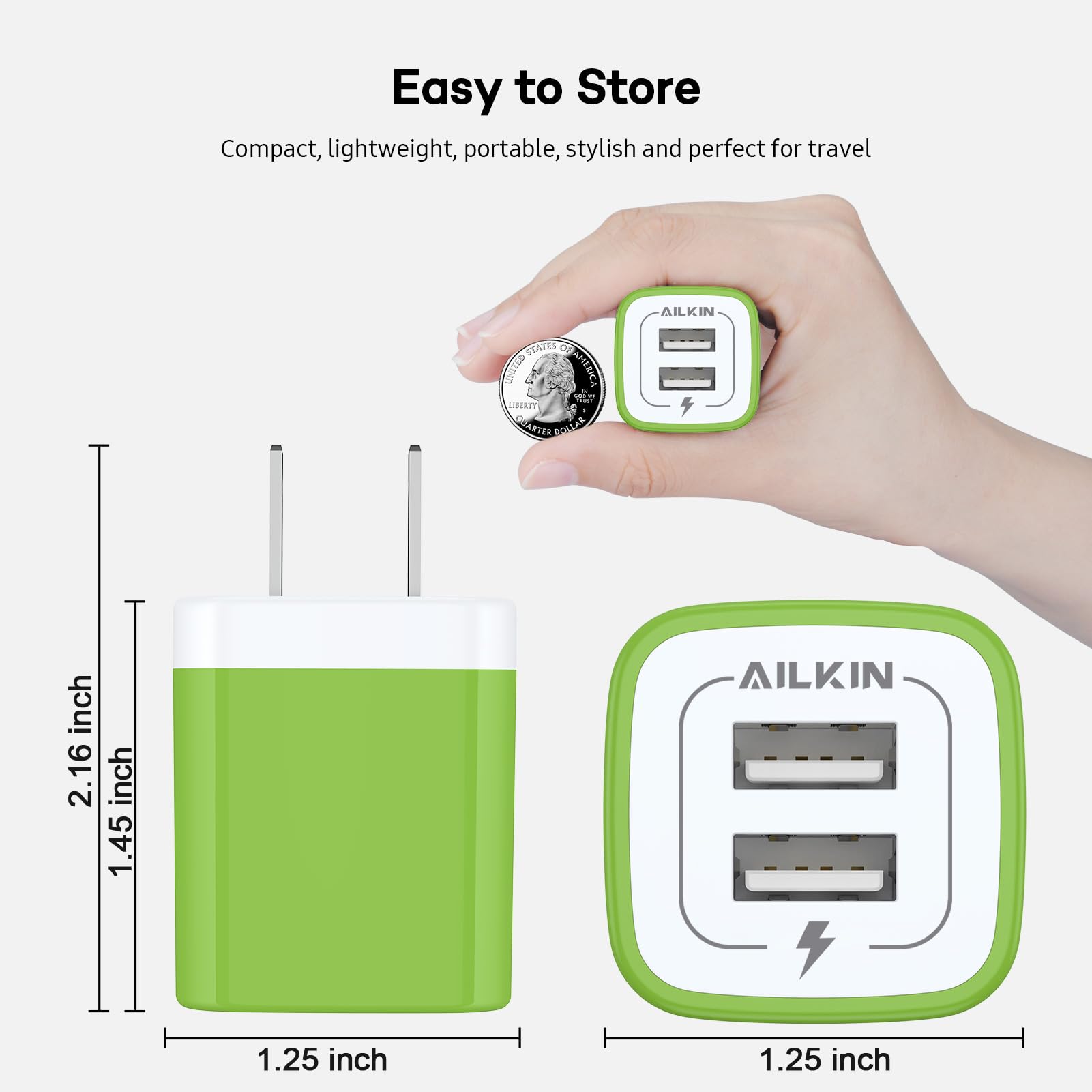 Usb Wall Charger, [2 Pack] 2.1A Ailkin 2 Port Usb Phone Charger Block Plug Power Adapter Charging Base For Iphone 15 14 Plus/Min