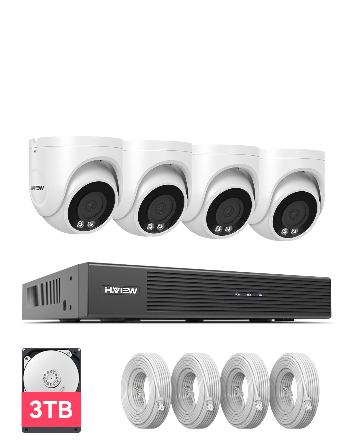 H.View 4K Security Camera System, 4Pcs H.265 Poe Wired Turret 4K Cameras With Person Ai Detection, 4K 8Ch Poe Nvr With 3Tb Hdd F