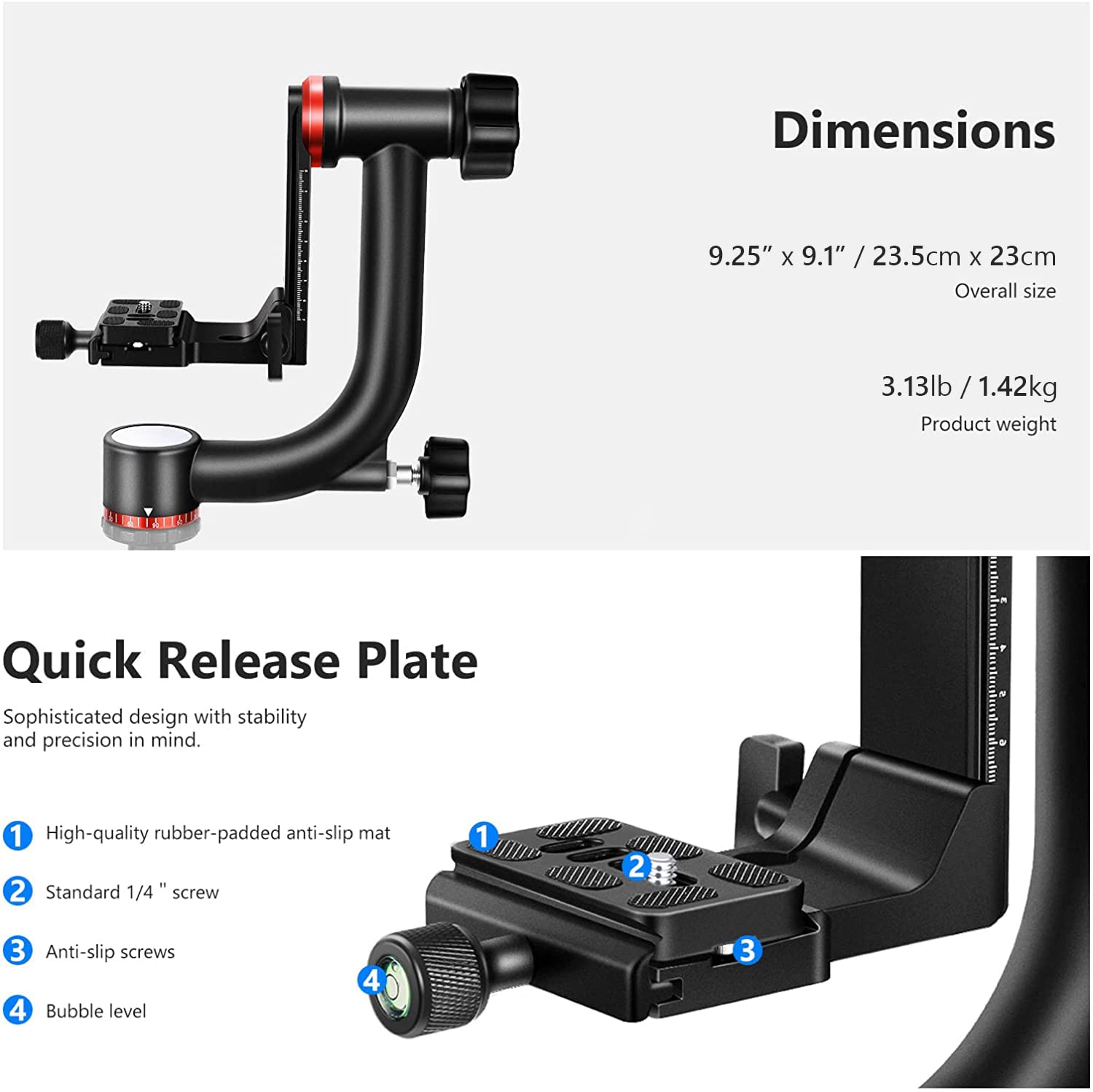 NEEWER Gimbal Tripod Head - Heavy Duty Aluminum Alloy, 360° Panoramic Shooting, Supports DSLR Up to 30lbs, Black, Model 10099646