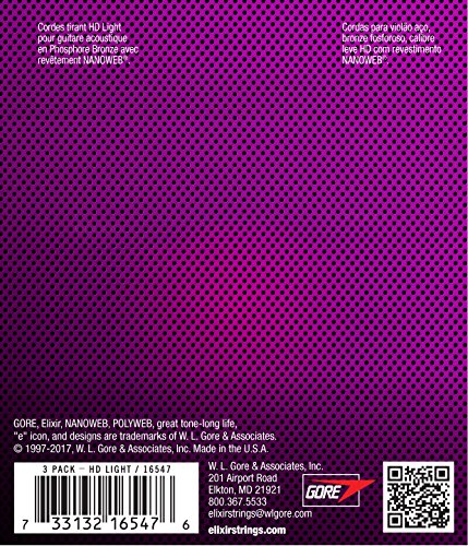 Elixir Strings 16547 Acoustic Phosphor Bronze Guitar Strings With Nanoweb Coating, 3 Pack, Hd Light (.013 .053)