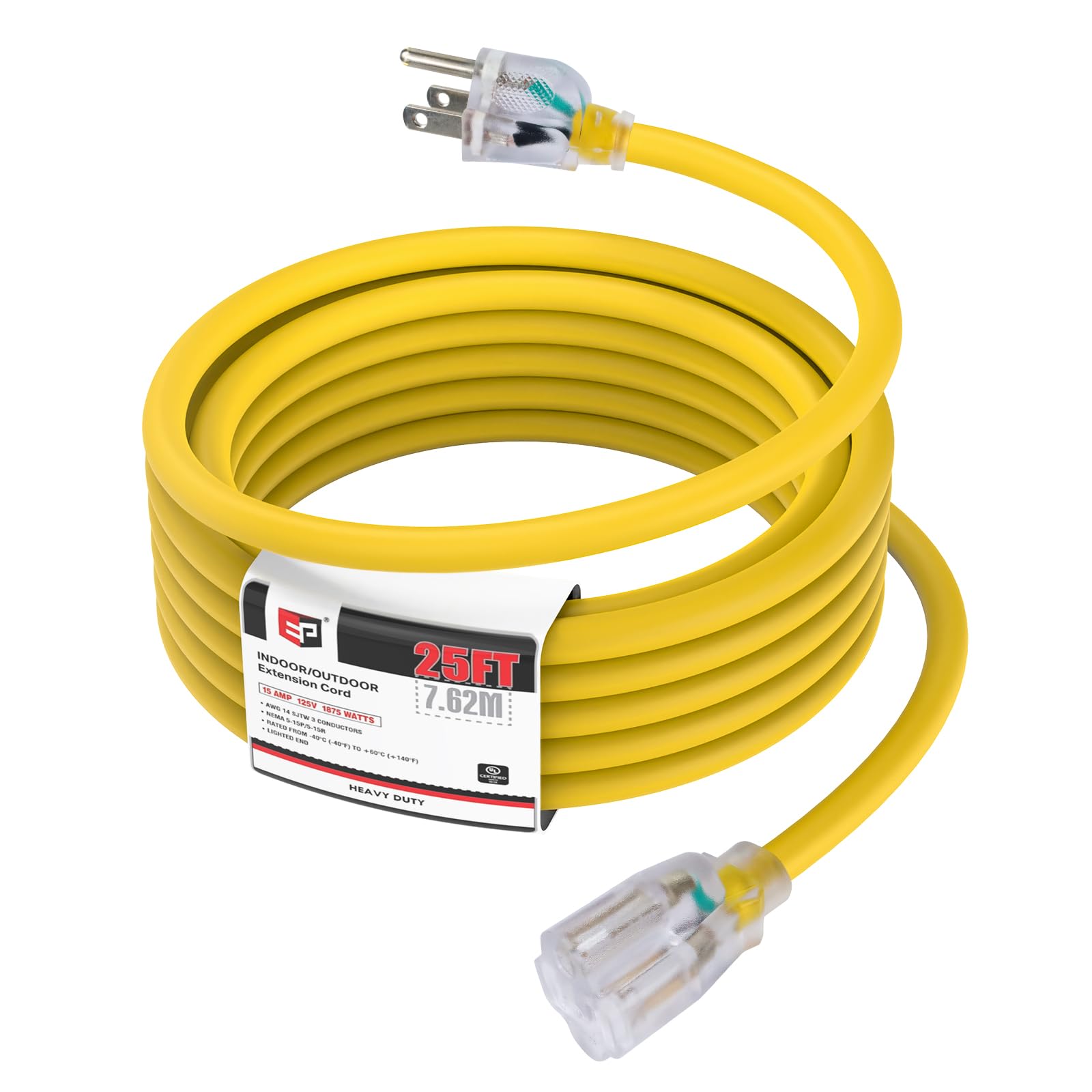 Ep 25 Ft 14/3 Lighted Outdoor Extension Cord   14 Gauge Sjtw Heavy Duty Yellow Extension Cable With 3 Prong Grounded Plug, Great