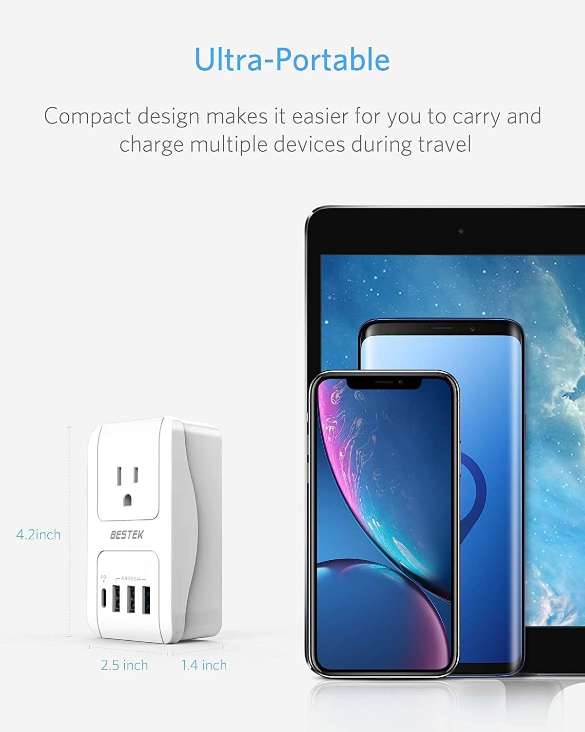 Bestek International Travel Adapter, 3000W Converter Travel Adapter For Hair Dryer, Curling Iron Usb Travel Wall Charger With Worldwide Wall Plugs For Us, Eu(Pd35W,1004, White)