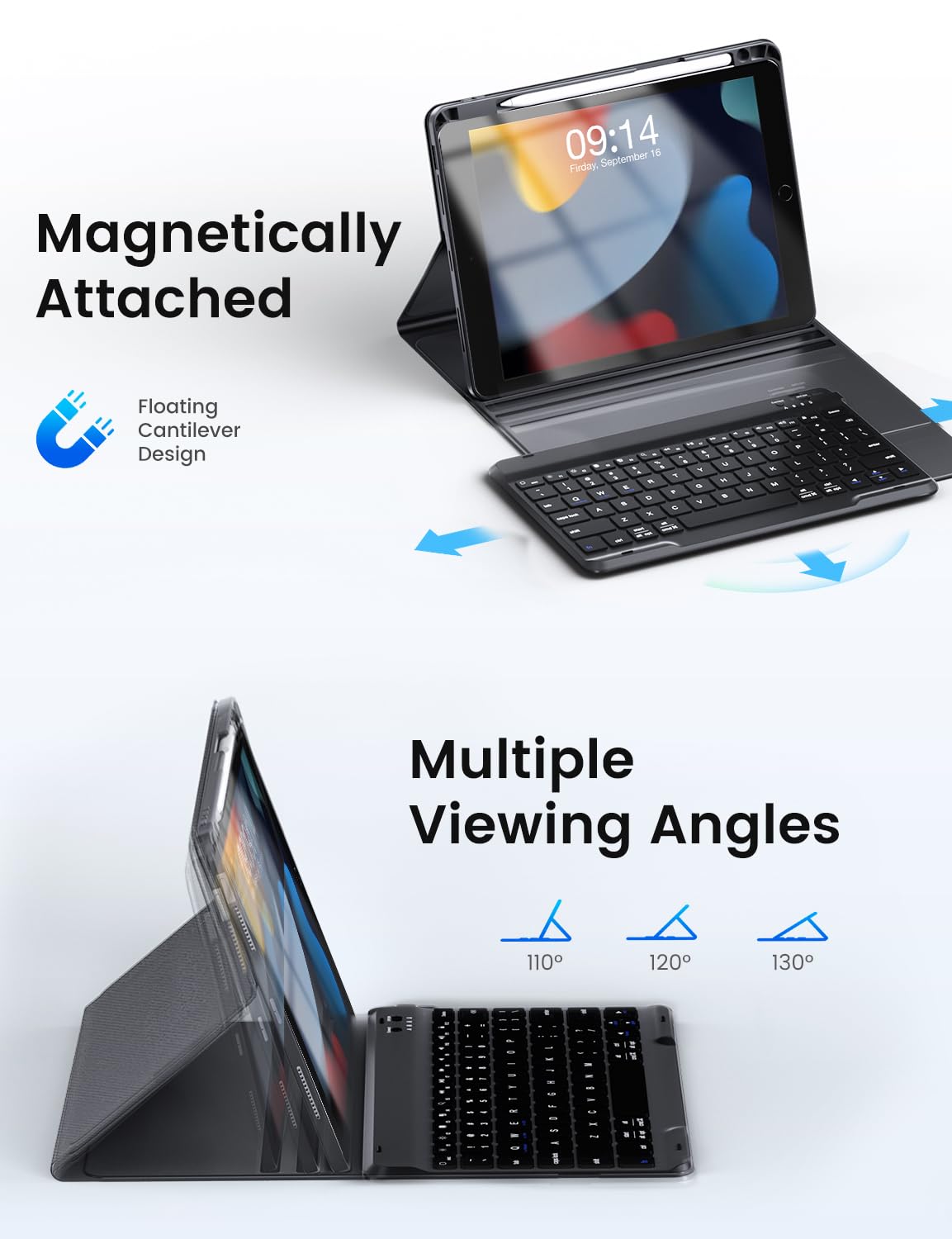 Oyeeice Keyboard Case For Ipad 9Th Generation   Wireless Detachable Keyboard Folio Cover With Pencil Holder For Ipad 9Th/8Th/7Th