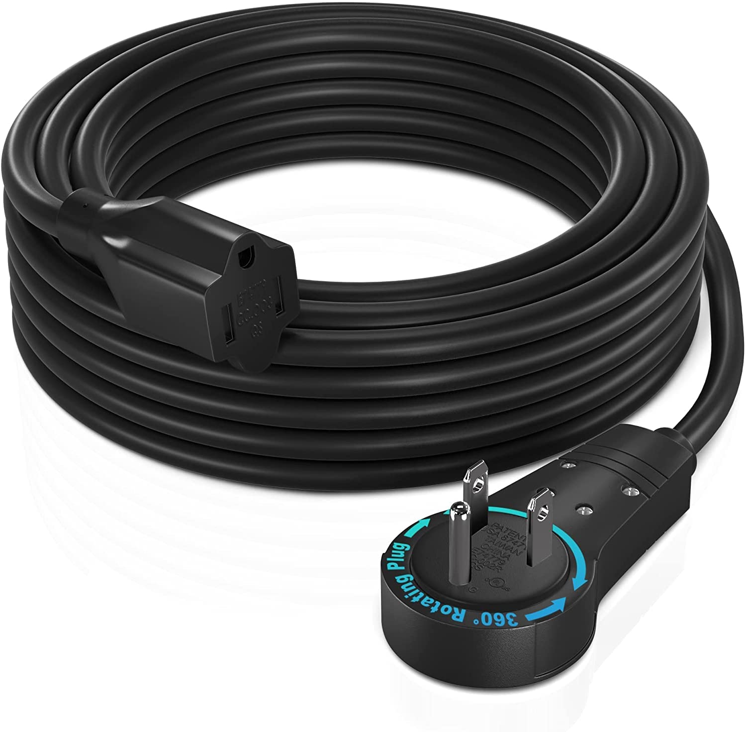 Maximm Cable 25 Feet 360? Rotating Flat Plug Extension Cord/Wire, 3 Prong Grounded Wire 16 Awg Power Cord   Black Ul Certified