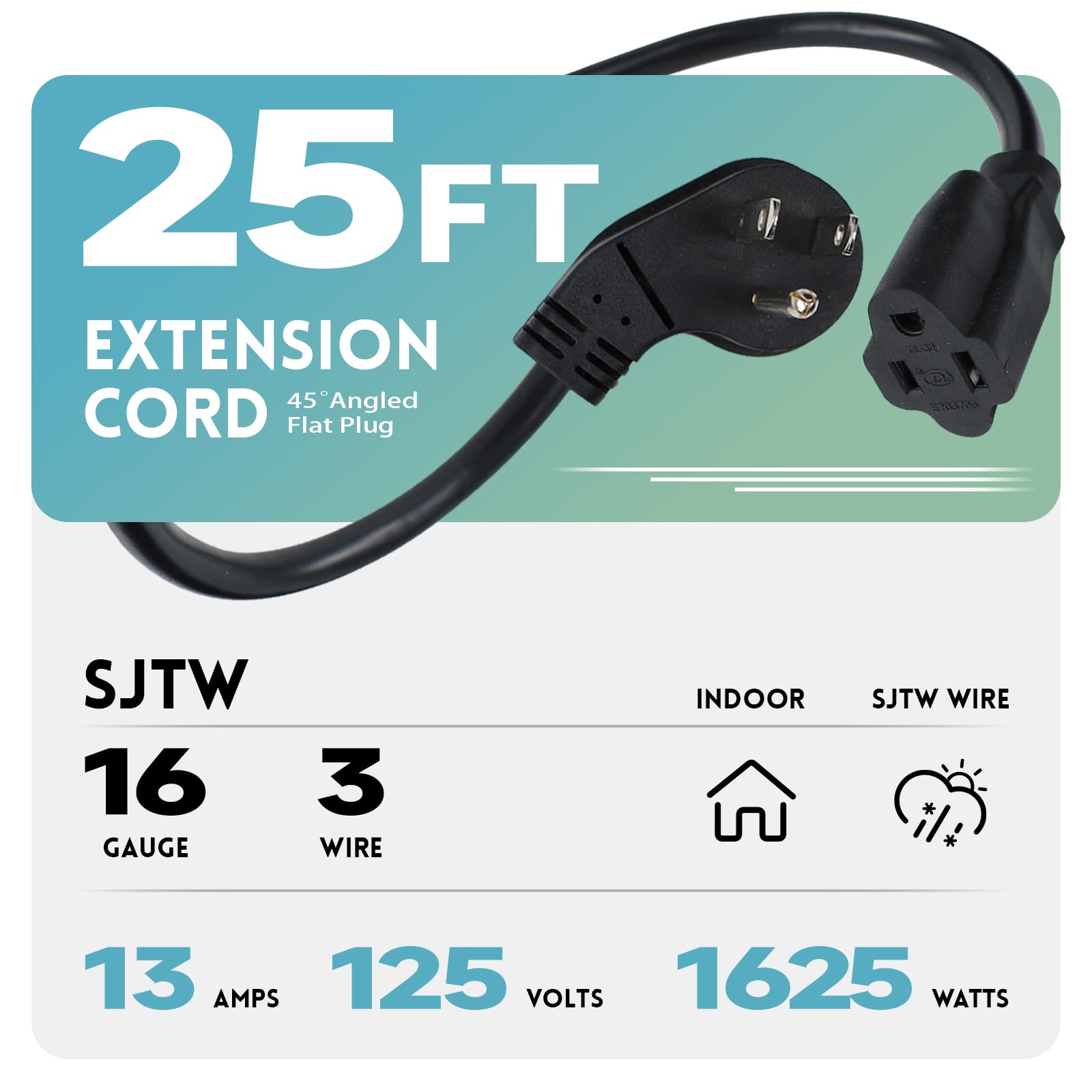 Ep 25 Ft Flat Plug Extension Cord, 16 Awg 3 Prong Grounded Black Low Profile Extension Cable For Indoor, Ul Listed
