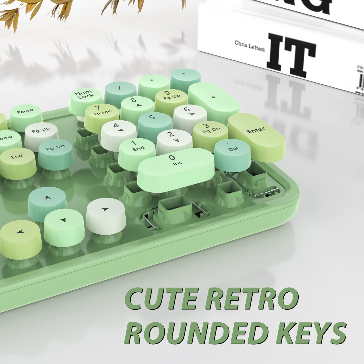 Green Wireless Keyboard And Mouse, Kootop Cute Green Colorful Keyboard And Mouse, 2.4G Wireless Keyboard With Retro Round Keycap