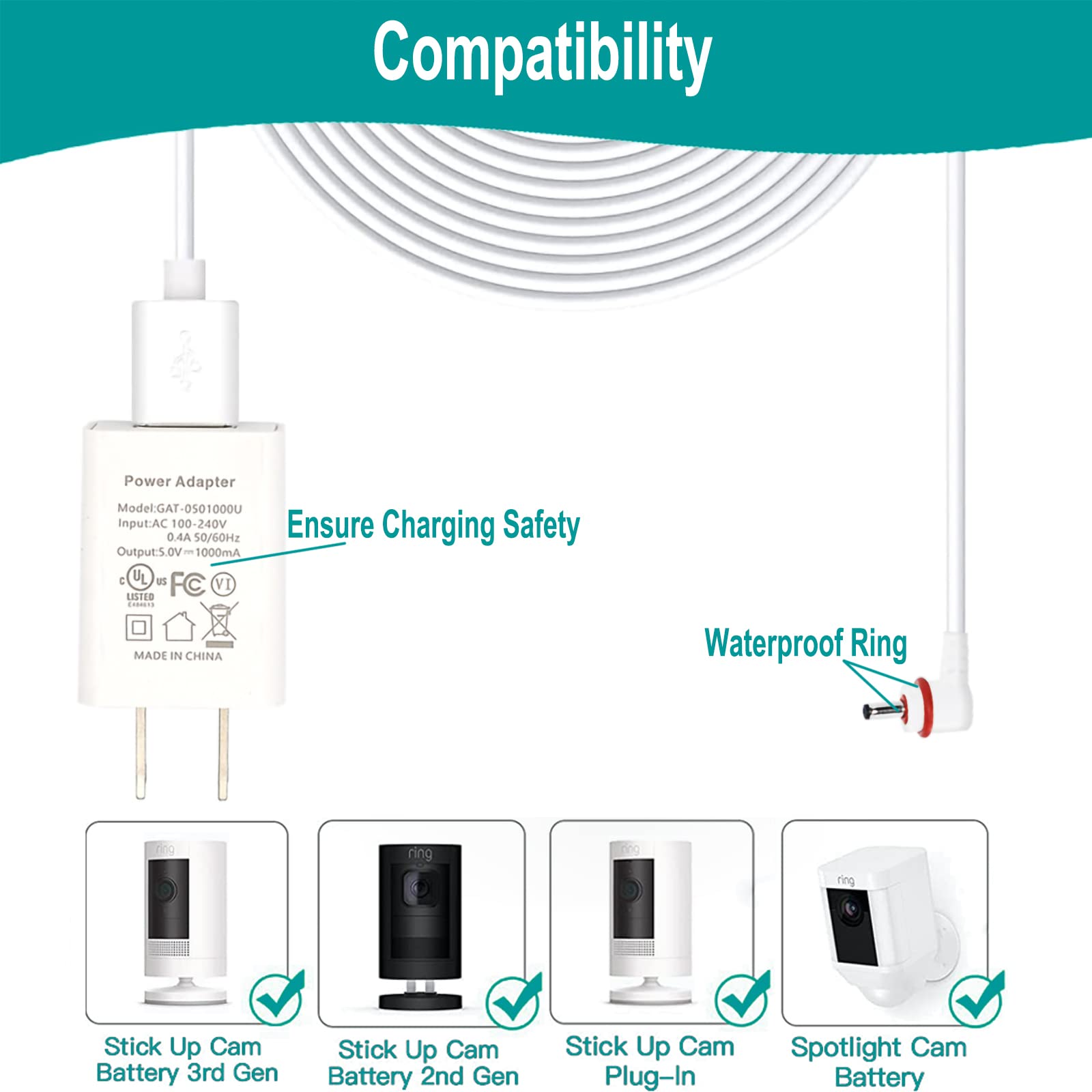 Charging Cable Dc 5V 2A Adapter Barrel Plug For Stick Up Cam Battery/Plug In 3Rd / 2Nd Gen & Spotlight Cam Battery, 16Ft /5M Pow