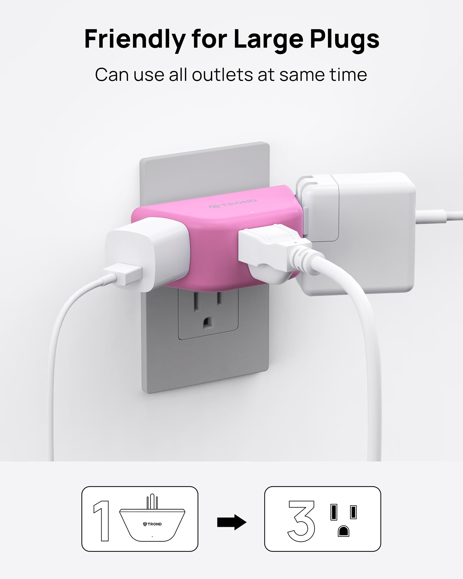 Trond Pink Outlet Extender - Multi Plug Outlet With 3-Prong Grounded Sockets, 3 Way Angled Plug Splitter, Compact And Practical