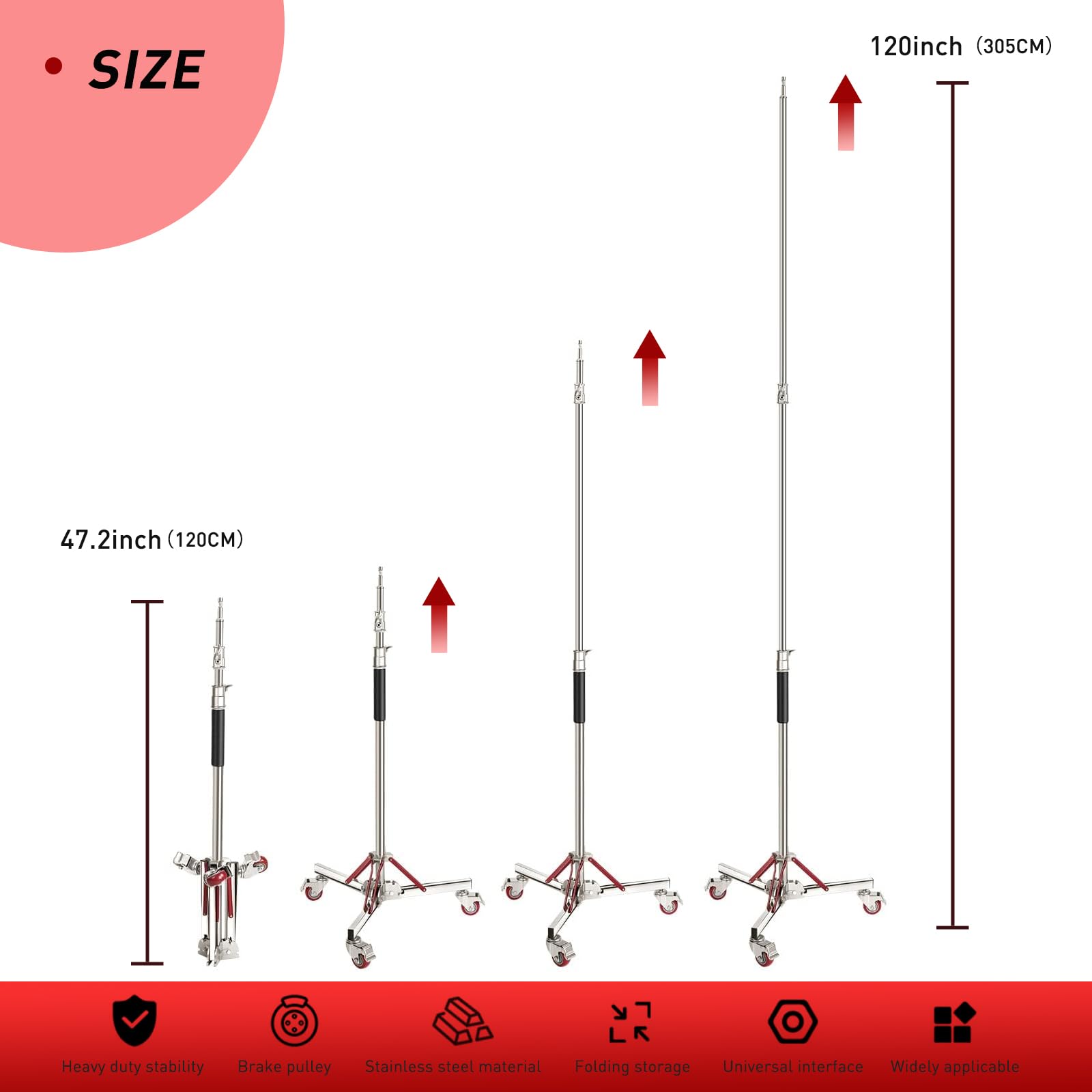 Lapgood Heavy Duty Light Stand With Casters, Adjustable Tripod Stand With 100% Stainless Steel, Photography Wheeled Base Stand F