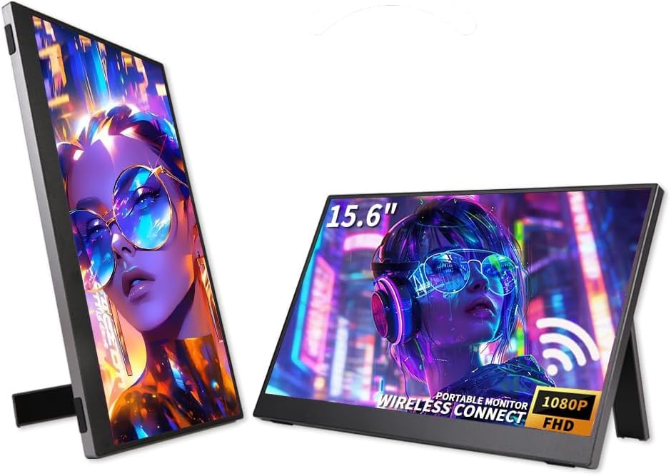 QQU 15.6 Inch Wireless Portable Monitor, HDR Eye Careful Gaming Monitor, FHD IPS/HDR Computer Screen Extender with Built-in Spea