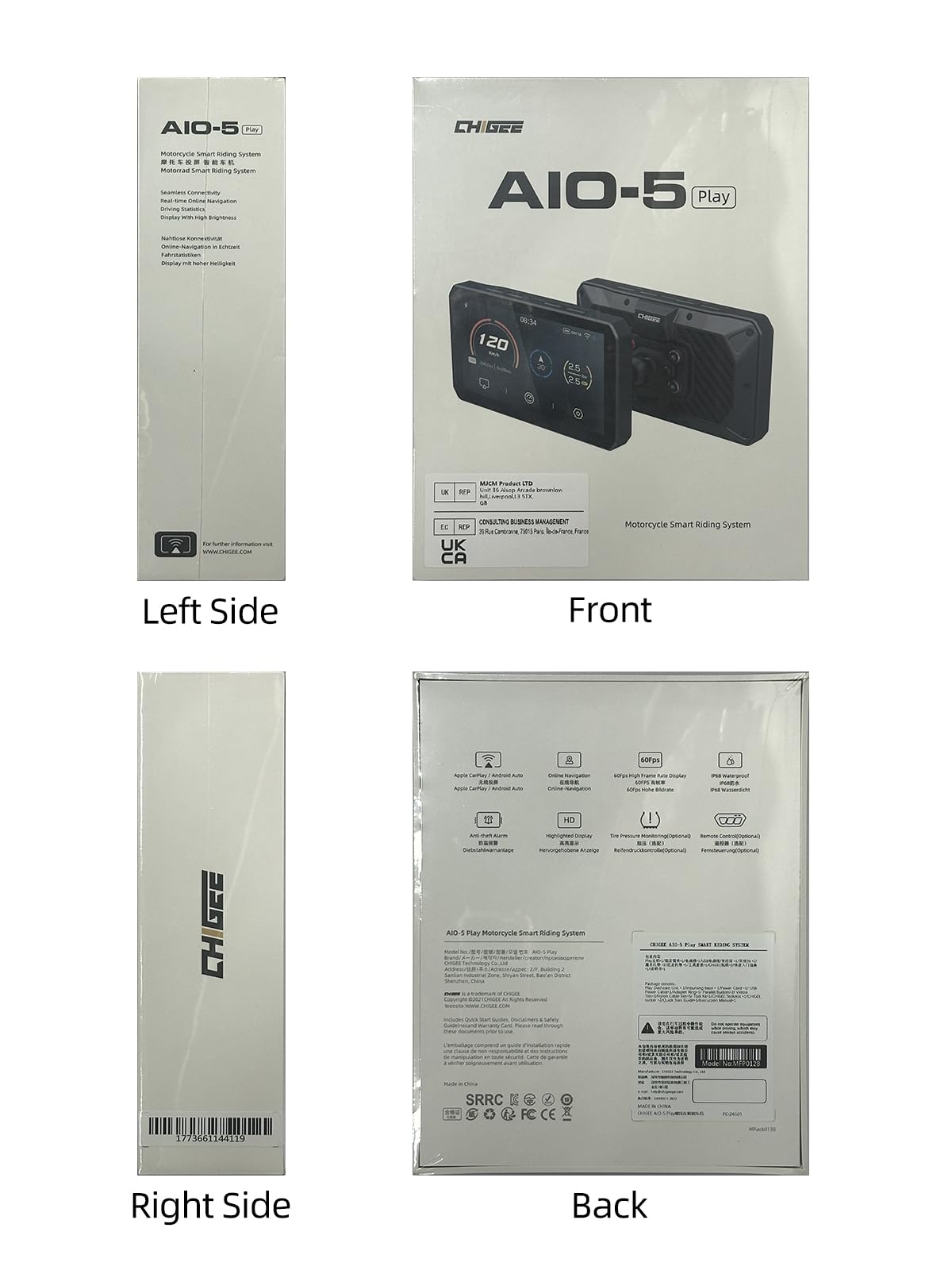 Chigee Aio 5Play Motorcycle Carplay Android Auto Gps Navigation System, 5'' Ips Lcd 60Fps, 5G Wi Fi Bt, Ip68 Waterproof, Support