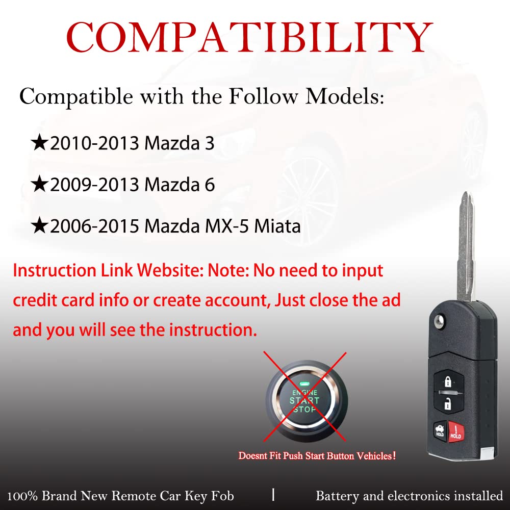 Key Fob Remote Replacement Fits For Mazda Mx 5 Miata 2006 2007 2008 2009 2010 2011 2012 2013 2014 2015//Mazda 3 2010 2013/Mazda