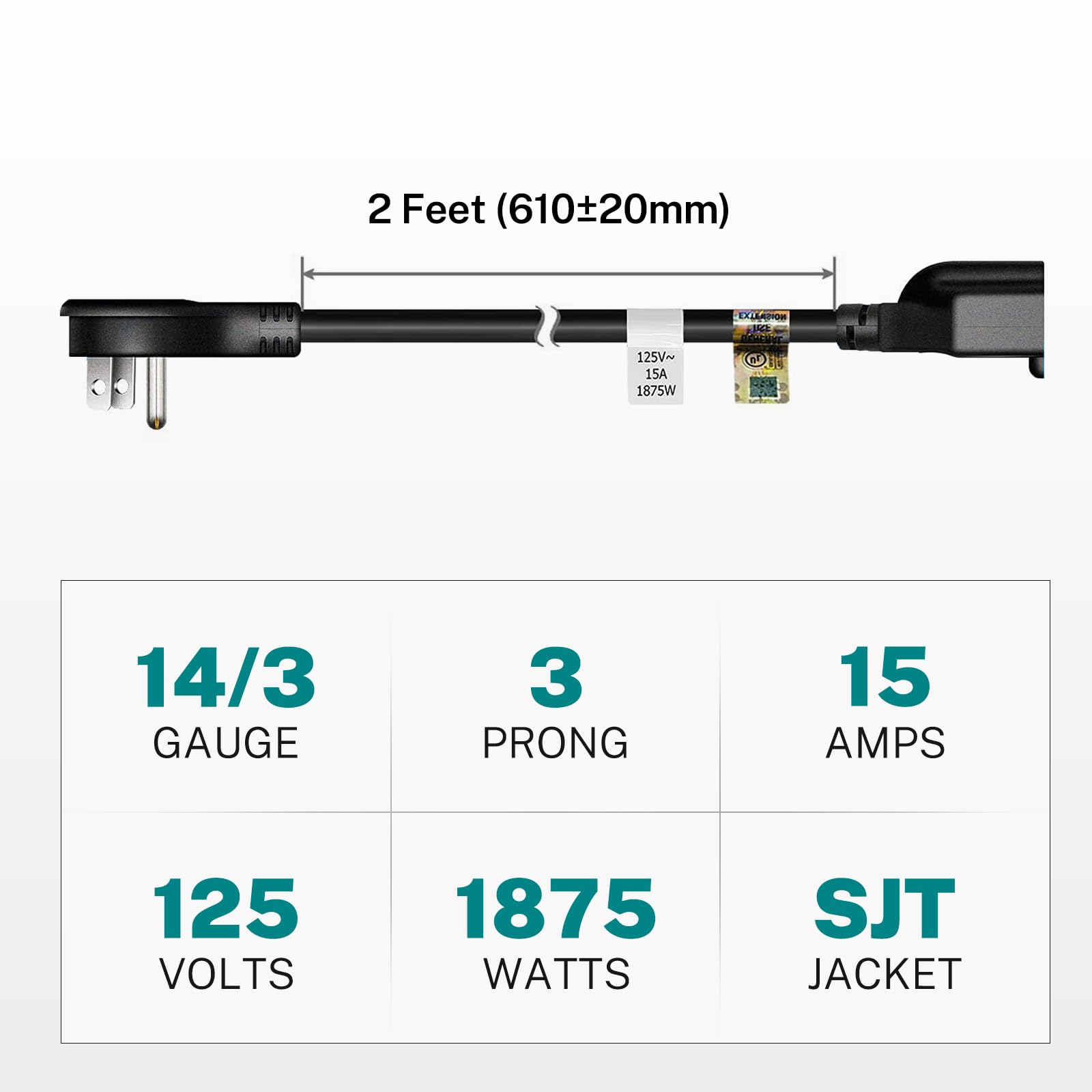 Firmerst 1875W 15A Extension Cord 2 Feet 14/3 Flat Plug Black, Pack Of 2