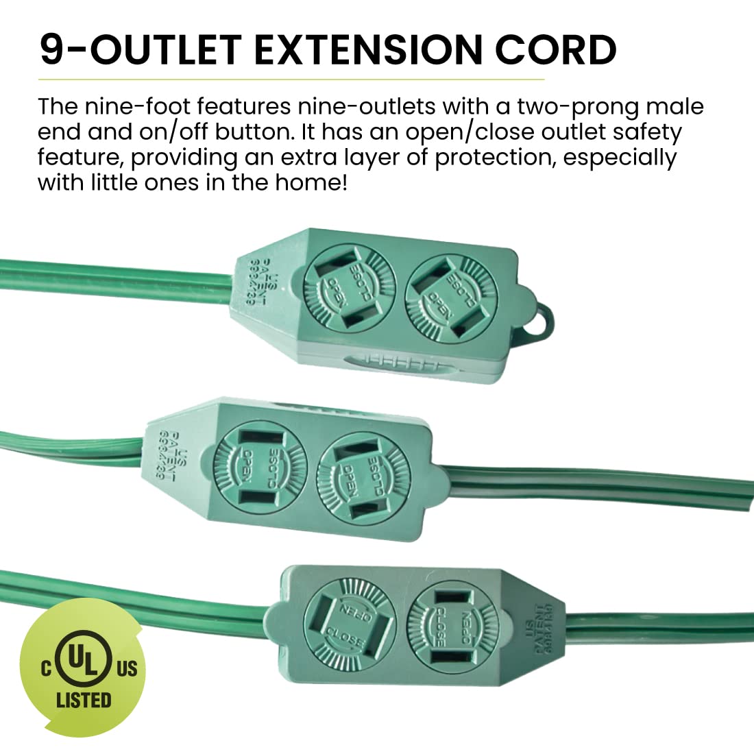 Go Green Power (Gg 24509Gn) 18/2 Spt 2 Gauge 9 Outlet Extension Cord With Safety Fuse Male Plug, Green, 9 Ft