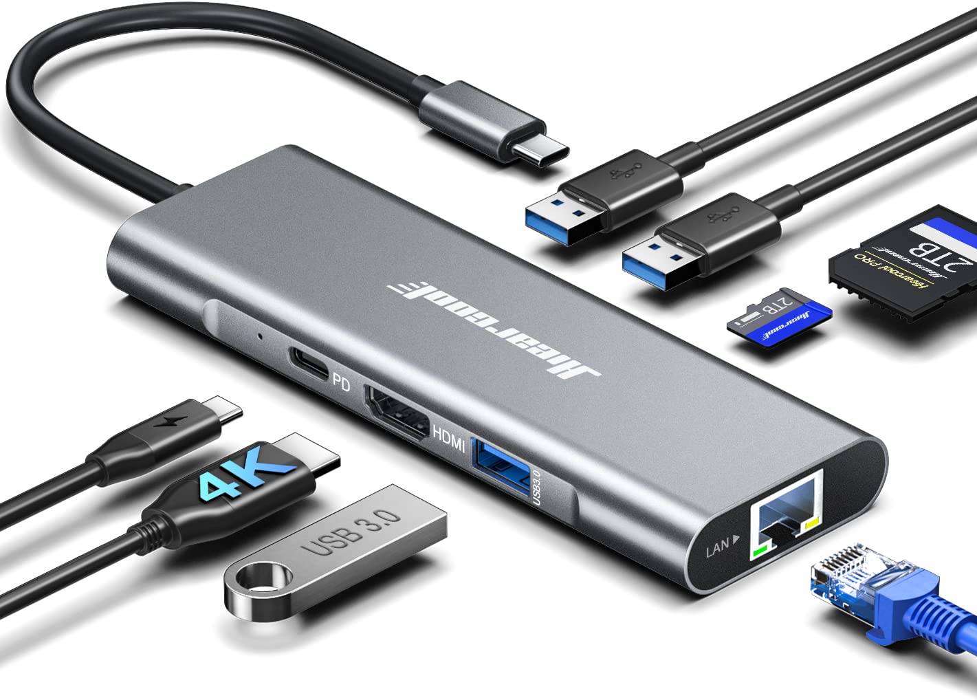Hiearcool Usb C Hub Ethernet,4K@60 Usb C To Hdmi Hub,8In1 Multi Port Usb C Adapter Type C Dock Dongle Compatible For Macbook Pro