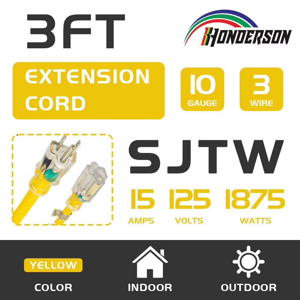 Honderson Indoor Outdoor Extension Cord Weatherproof With Lighted End, Ul Listed, 10 Gauge 3Ft Yellow 3 Prong Heavy Duty Extensi