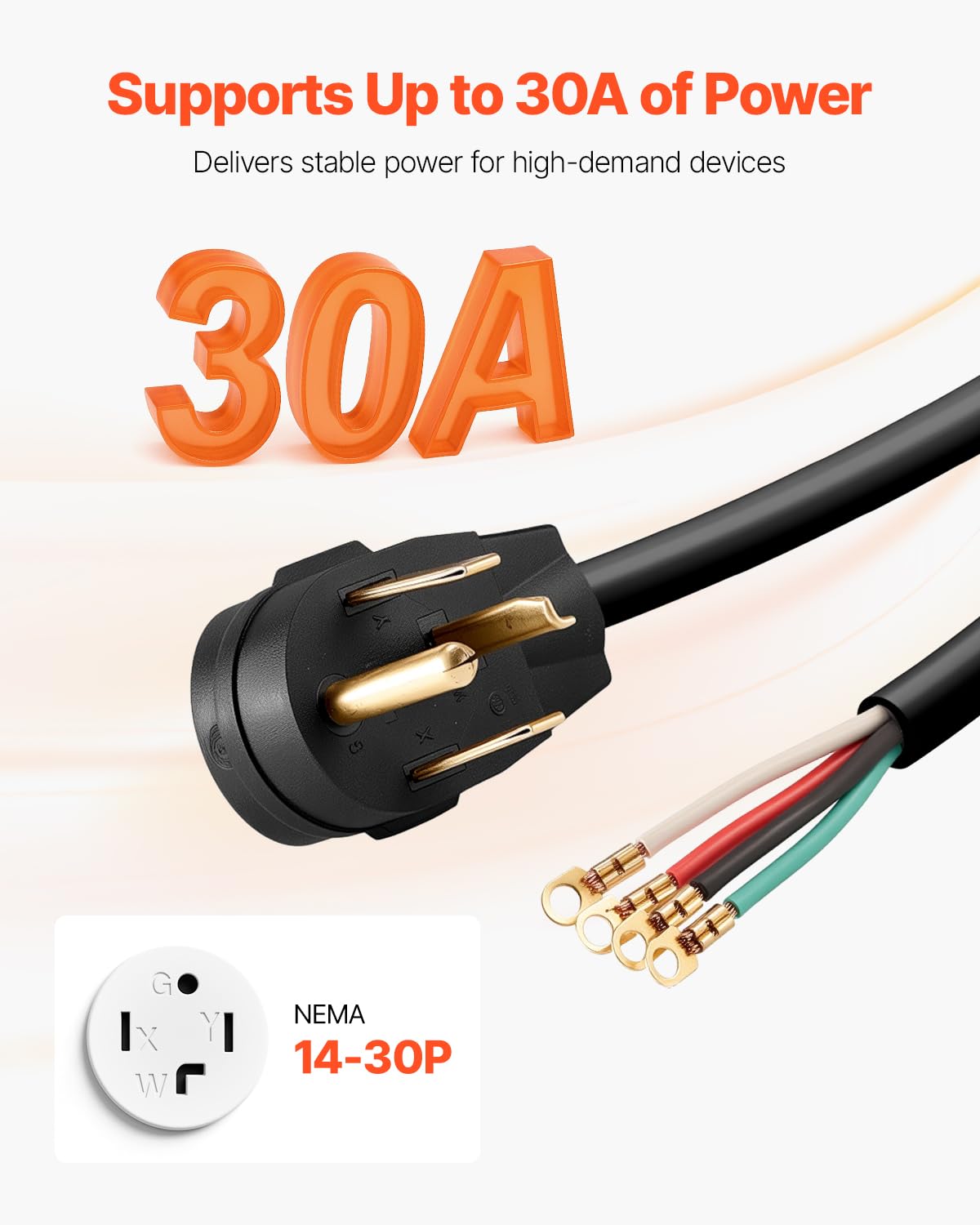 Vevor 10 Ft Dryer Power Cord, 4-Prong Nema 14-30P Appliance Dryer Cord With Eyelet Connectors, 125V/250V, Sdrt 10Awg/4C, 30A, Pu