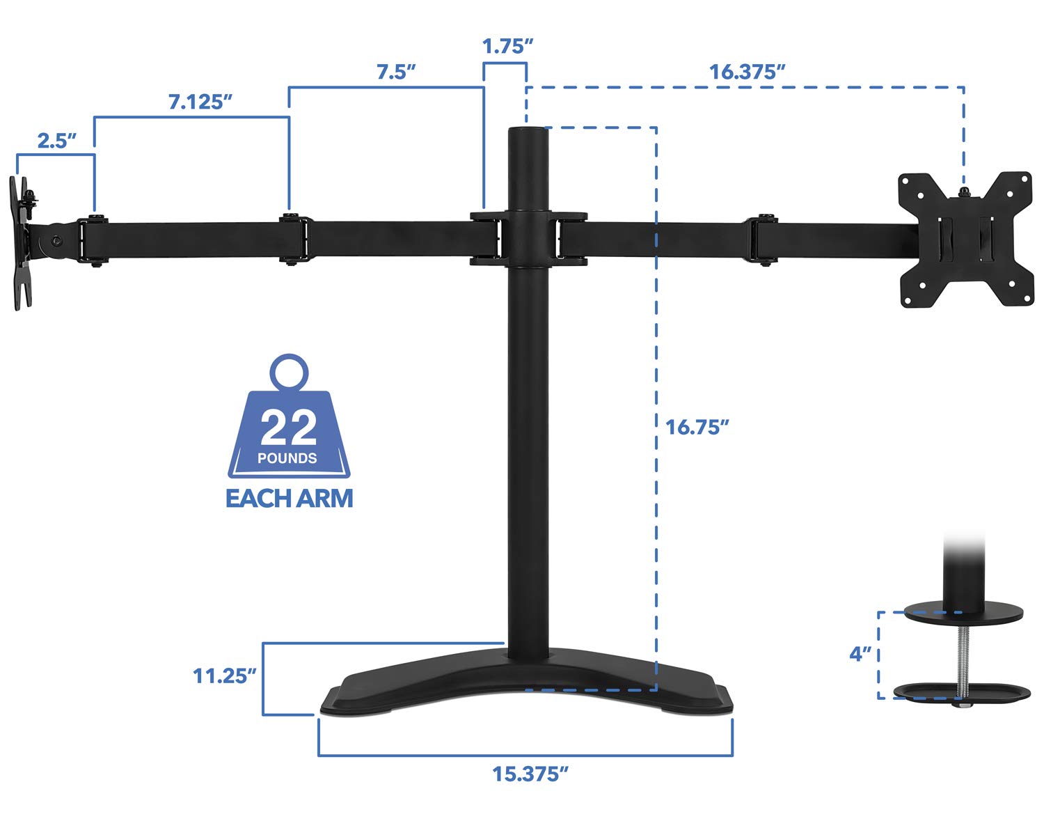 Mount It! Dual Monitor Stand | 2 Monitor Mount Fits 19 20 21.5 24 27 29 32 Inch Computer Screens | Free Standing And Grommet Bas