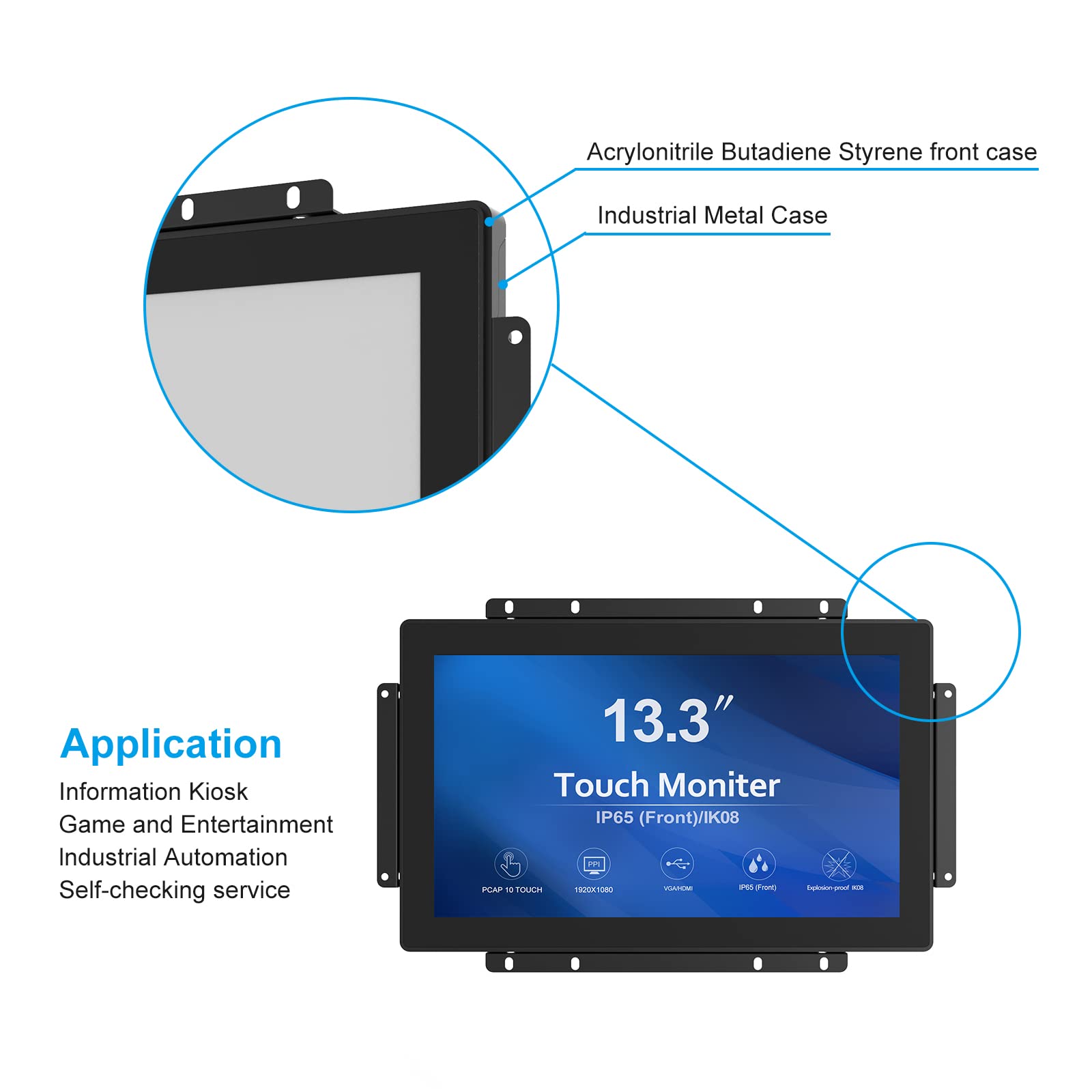 Greentouch 13.3 Inch 10 Points Open Frame Touch Display, Industrial Pcap Touchscreen Monitor, Vga+Hdmi+Dvi Port   16:9