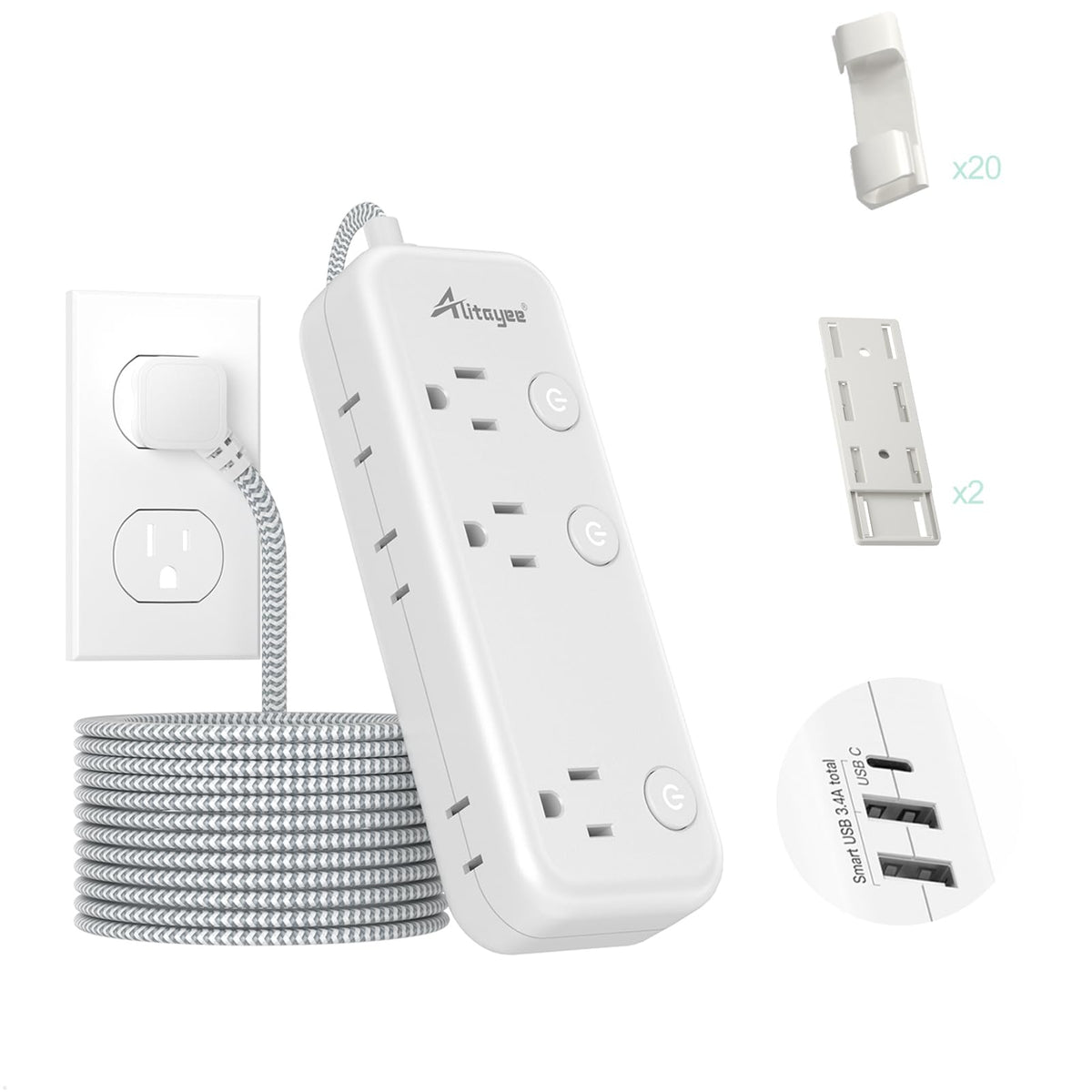 15Ft Surge Protector Power Strip With Individual Switches 6 Outlets 3 Usb(17W Usb C), Ultra Thin Flat Plug Braided Cord, Wall Mo
