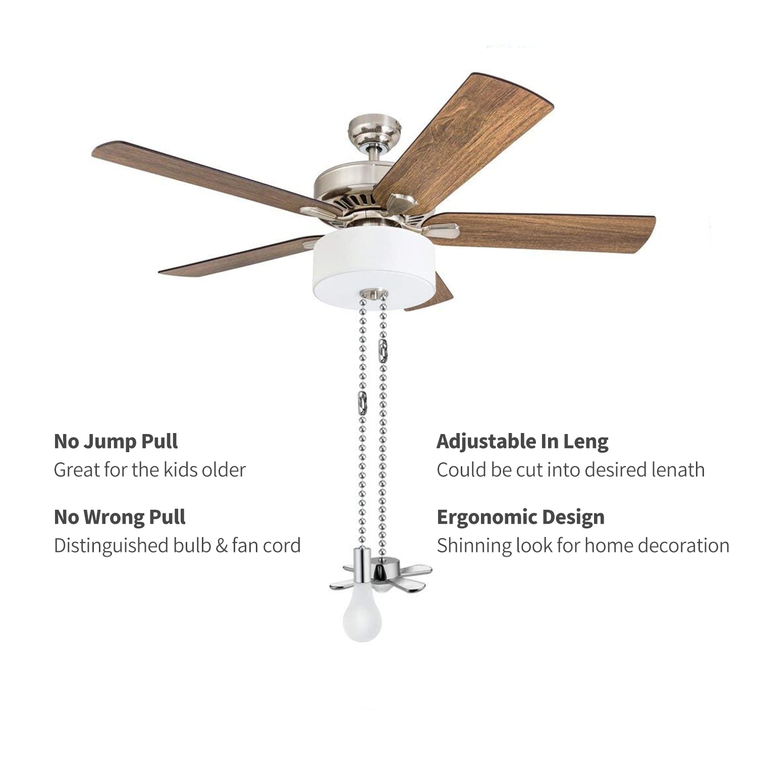 Ceiling Fan Pull Chain, 2Pcs 3Mm Diameter Beaded Ball , 13.6 Inches Fan Pulls Set With Connector(Nickel )