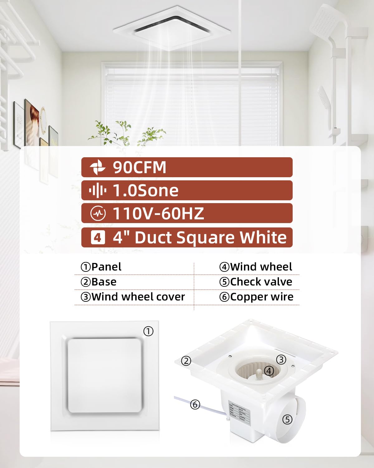 Qnemaei Bathroom Fan, 90Cfm, 1.0 Sone, Quiet, White, Ideal For Hotel, Living Room, 4'' Duct Square