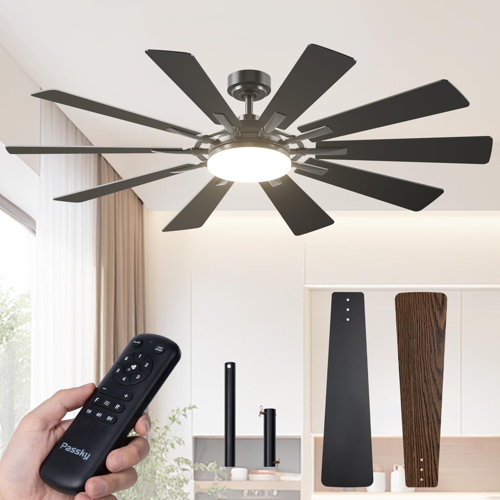 Passky Ceiling Fans with Lights, 64 inch Black Ceiling Fan with Light and Remote Control, Reversible, Dimmable, 3CCT, Quiet, Cei