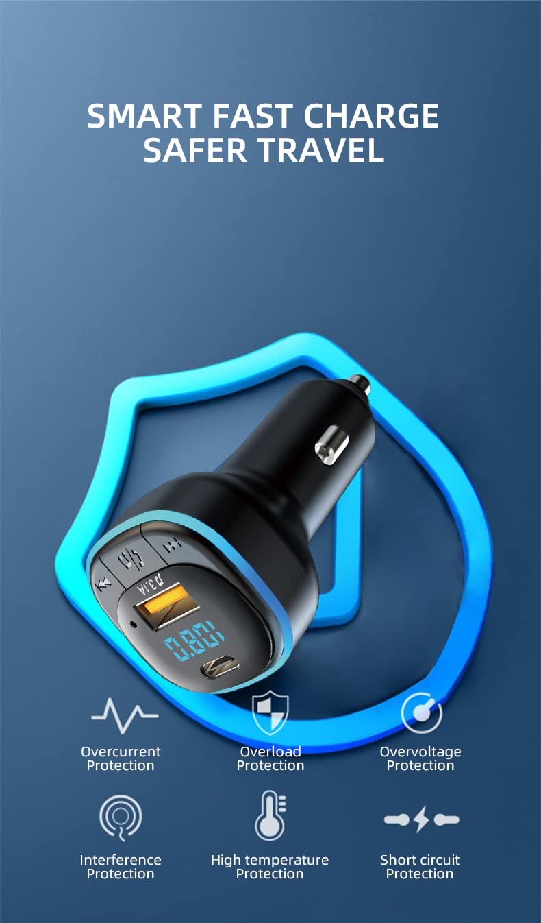 Ohitec Bluetooth 5.0 Fm Transmitter For Car, Hands Free Calling, Built In Over Current Protection, 5V/3.1A Quick Charger & Blue