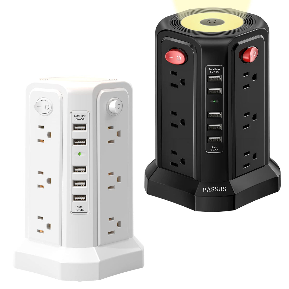 Surge Protector Power Strip Tower With 5 Usb Ports And Night Light, 10Ft Extension Cord With 12 Ac Multiple Outlets, Passus Powe