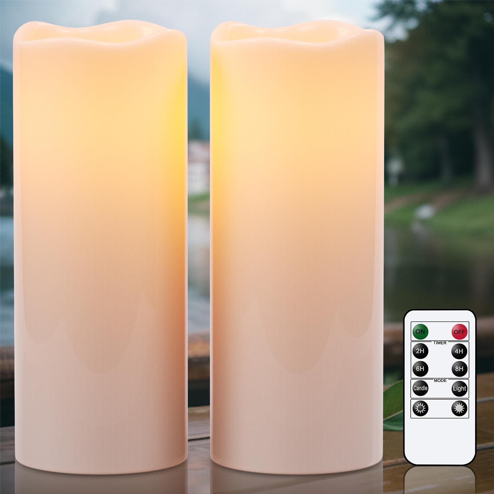 Eldnacele 4''  10'' Large Waterproof Outdoor Flameless Candles Remote And Timer, Battery Operated White Plastic Led Flickering P