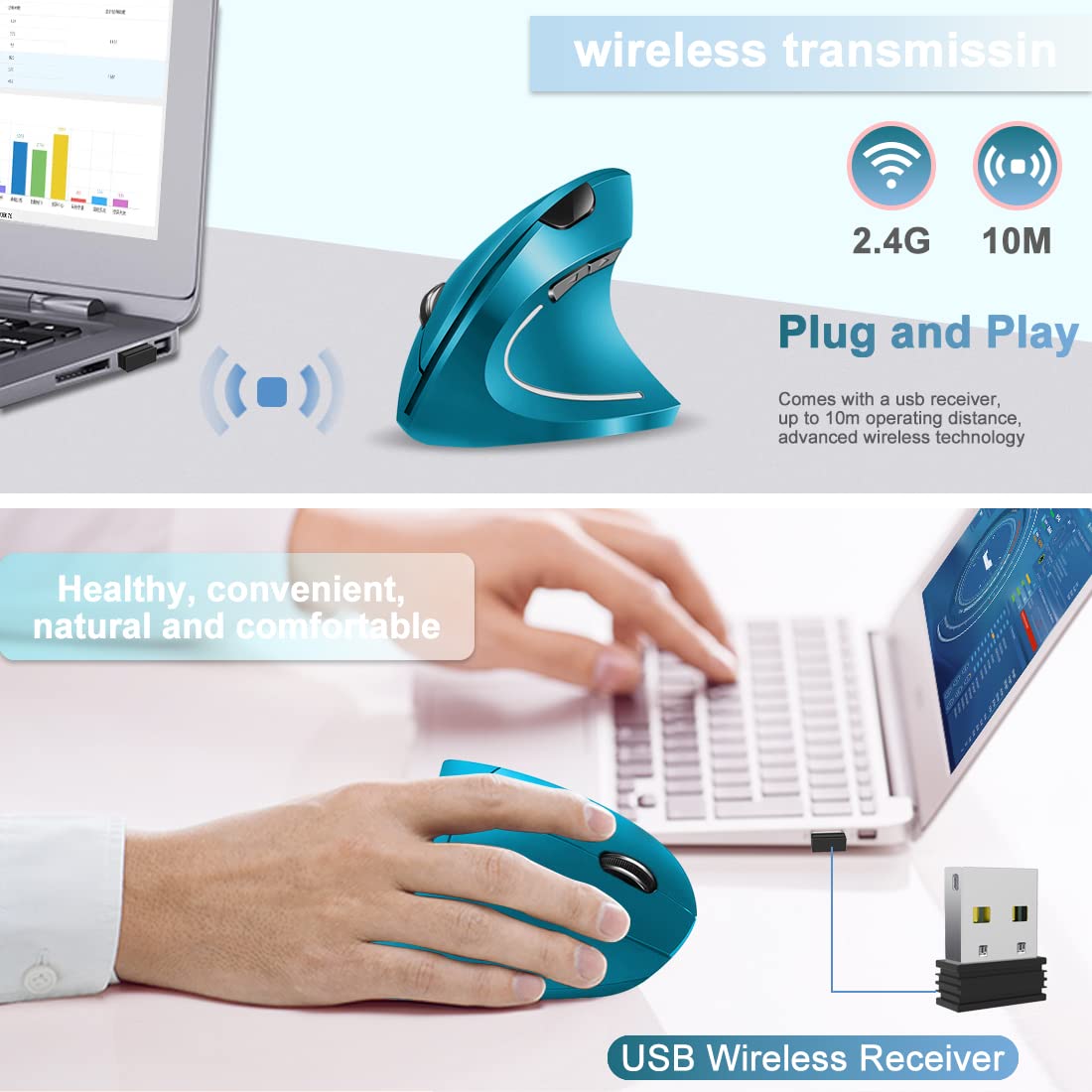 Vassink Ergonomic Wireless Mouse - Rechargeable 2.4GHz Vertical Optical Mouse, 6 Buttons, 800/1200/1600 DPI, Blue