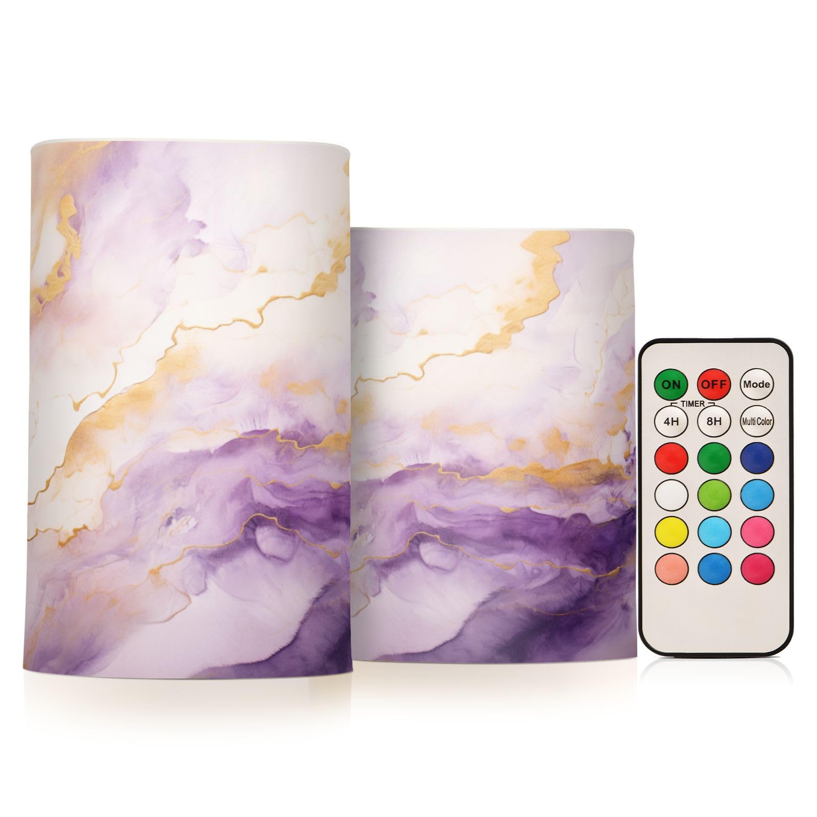 BOENLE Flickering Flameless Candles, Purple Gold Marble LED Candles with Remote Timer, Set of 2 Battery Operated Candle for Vale