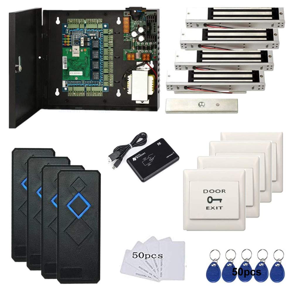 4 Door Access Control System With 600Lbs Magnetic Lock Entry Access Control Panel 110V Power Supply Box Rfid Reader Exit Button
