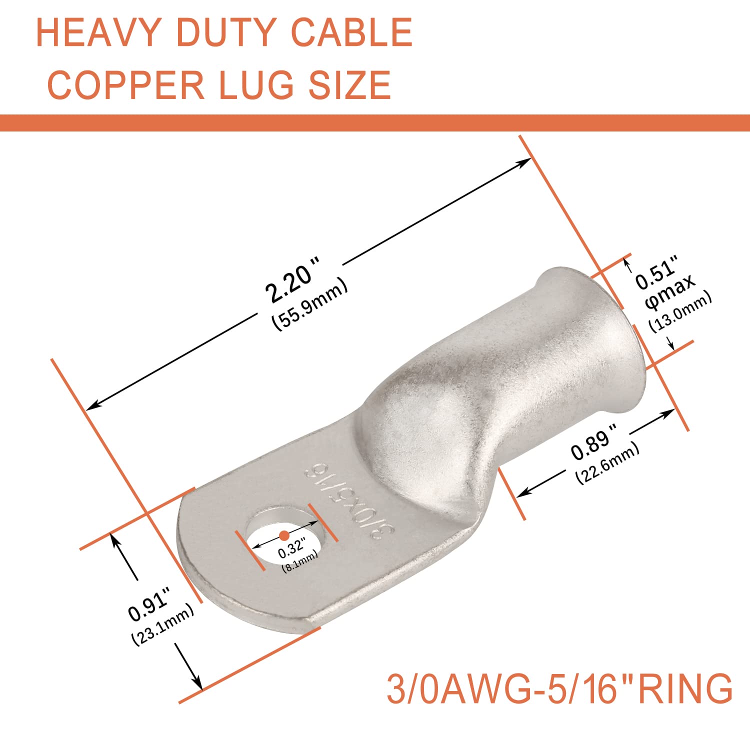 Riocan 10Pcs 3/0 Awg 5/16   (M8) Tinned Ring Terminals 000 Gauge Copper Wire Lugs Battery Cable Ends Heavy Duty Battery Cable Te