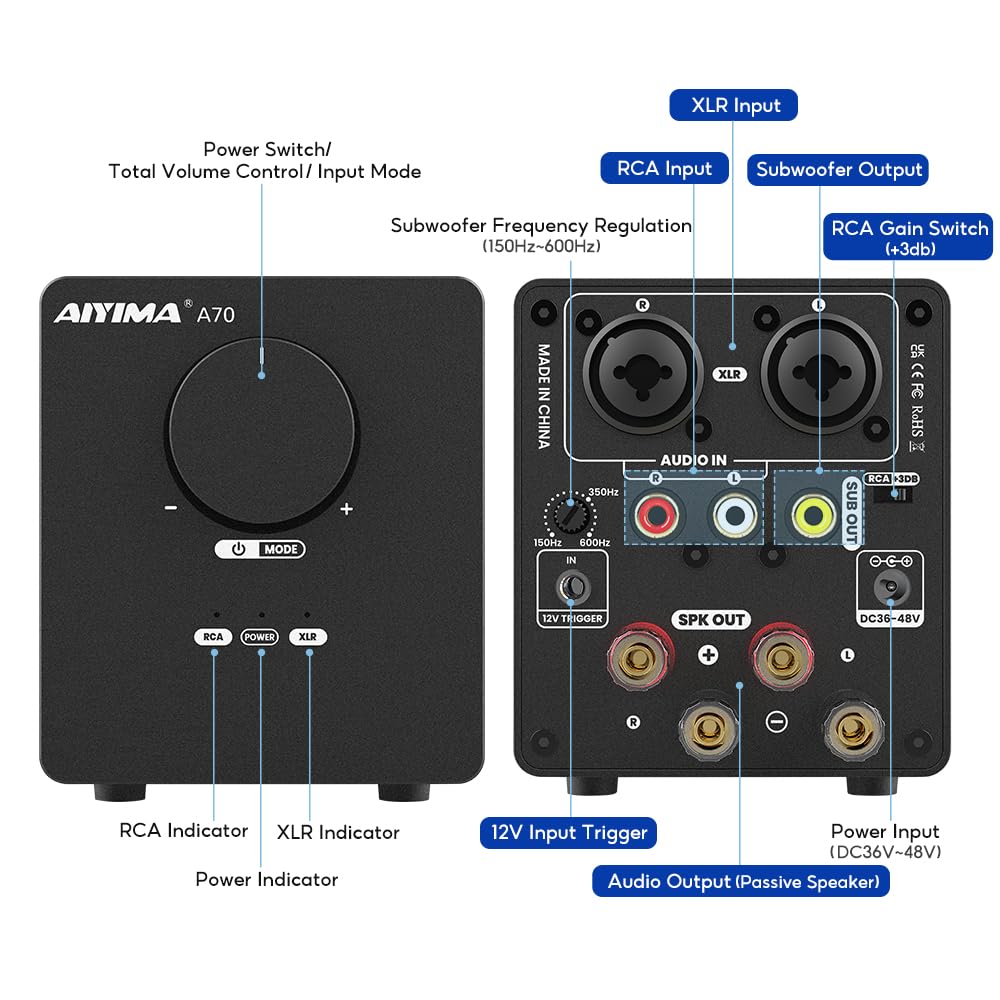 Aiyima A70 Balanced Stereo Amplifier With Pffb,Tpa3255 2 Channel Class D Amp For Desktop Home Theater Bookshelf Speaker,With Xlr & Rca Inputs & Trigger Input,With Dc48V 5A Gan Power Adapter