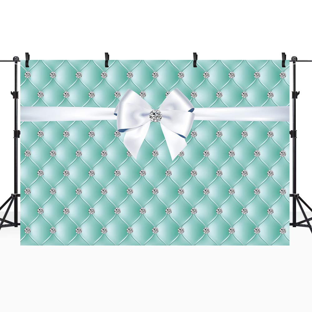 Riyidecor Blue Breakfast Decorations Backdrop Diamonds Bowknot Teal Sweet Birthday Party Banner Background 8X6 Feet Turquoise Girls Women Dessert Table Photography Wedding Props Video Studio Props