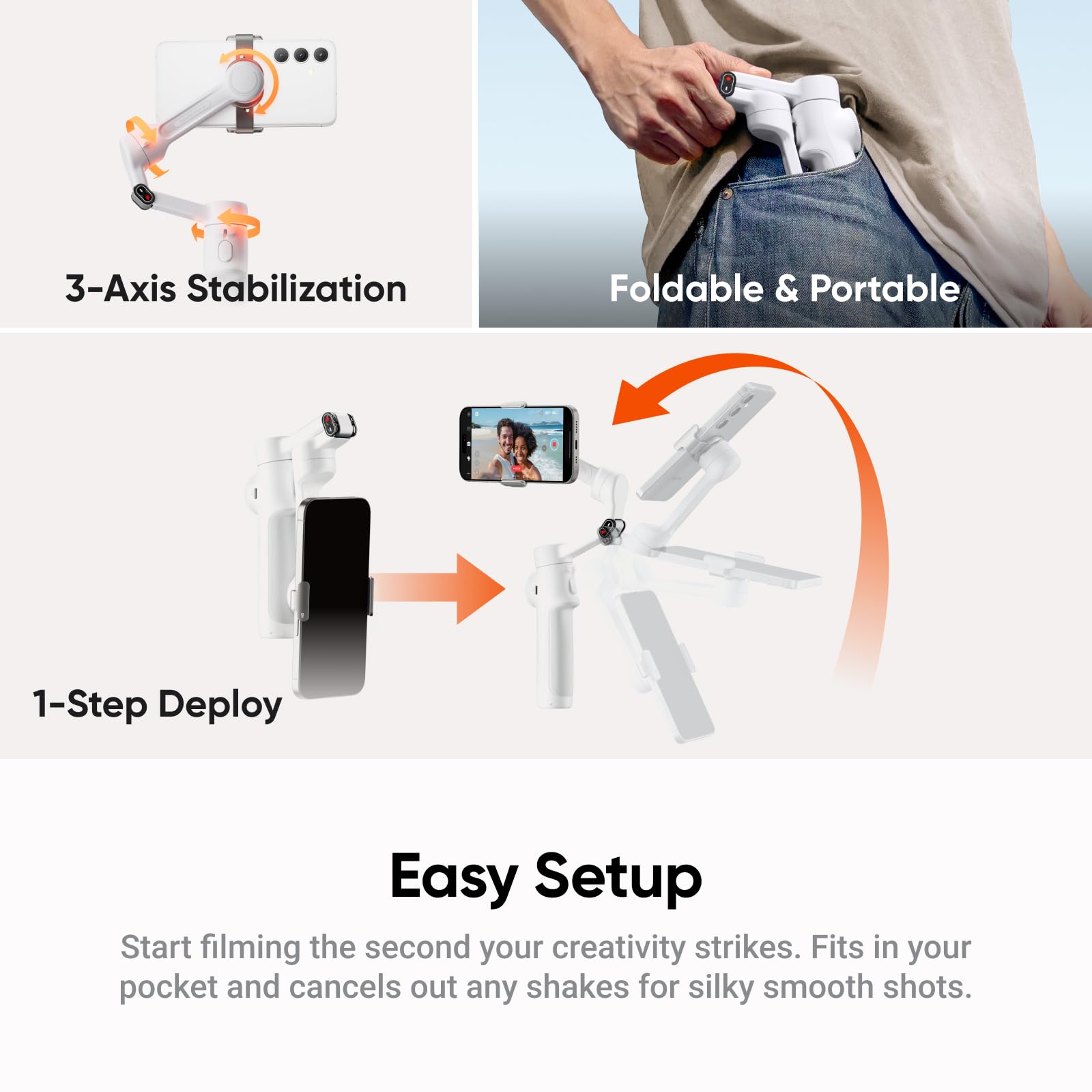 Insta360 Flow 2 White - Foldable Ai Phone Gimbal, Ai Tracking, Multi-Person Tracking, Built-In Tripod/Selfie Stick, Remote Contr
