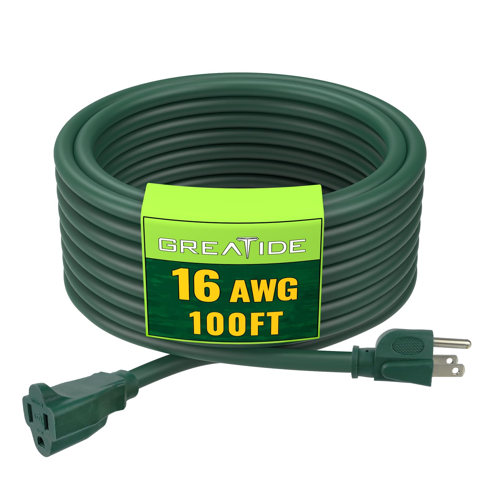 Greatide Indoor Outdoor Extension Cord 100 Ft, 16/3 Sjtw Weatherproof Green Electrical Cords, 13 Amp Heavy Duty 3 Prong Power Ca